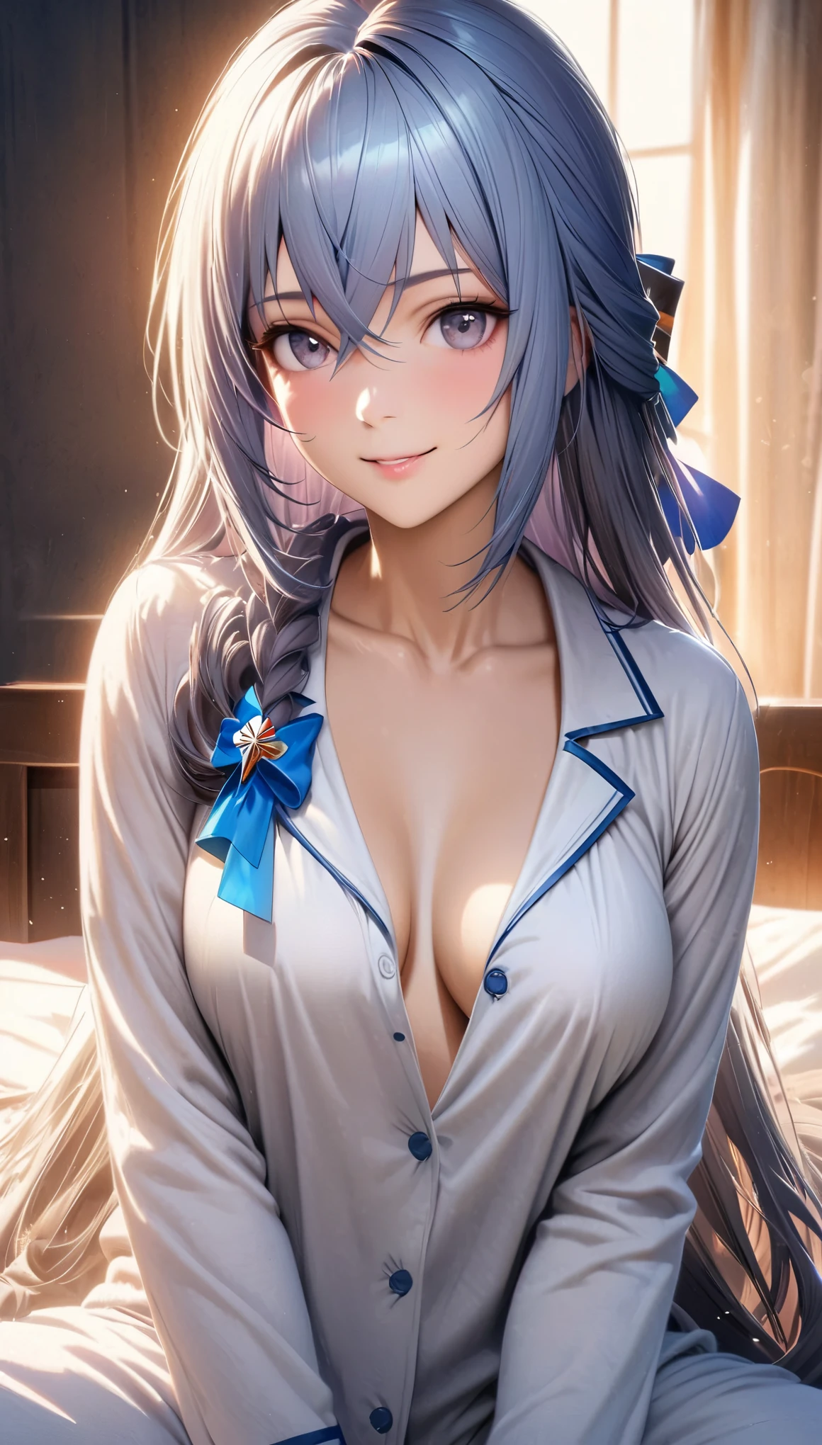 bronya,((blue hair, side braid )), beautiful face,smiling, fit body, moderate breast,sitting on a bed,wearing white pajamas,illustration,detailed textures,ultra-detailed(realistic),portrait style,vivid colors,soft lighting, no bra, half body, sfw