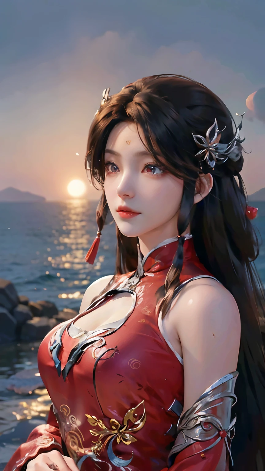 1 girl，kawaii，long black hair，Red head rope，Nice hairstyle，brown eyes，glowing eyes，symmetrical eyes，A meticulous face，looking at the audience，focuasterpiece，best picture quality，high resolution，8k，complex，grace，Very detailed，Dynamic lightingBREAK Long hair flows gracefully in the gentle sea breeze，The fading sunlight casts warmth，Ethereal light in the scene。She is wearing an elegant Chinese costume，fluttering in the wind。Waves in the background gently kiss the shore，There is a sense of tranquility in the air，The overall ambience should evoke a sense of tranquility and beauty