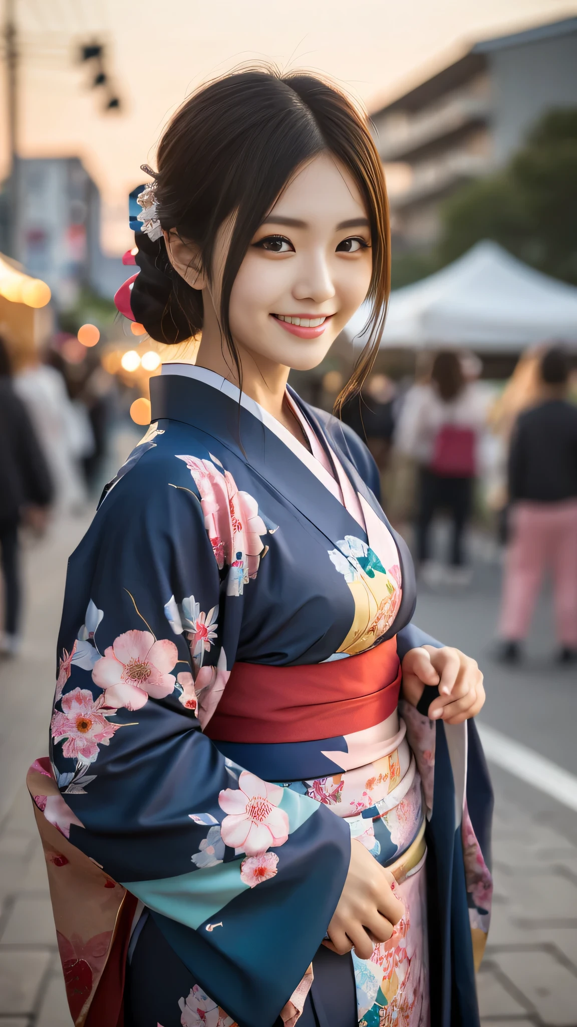 Looking at the camera,(((highest quality, 8k, masterpiece))), Sharp focus, (Beautiful woman with perfect figure), thin, ((kimono)), street, Highly detailed face and skin texture Detailed eyes Double eyelid Random pose, (smile),super cute Japan person,super beauty Japanese girl, Realistic Face, double eyelid,smile,Summer festival , At sunset , Beautiful Teeth , Fireworks Background.