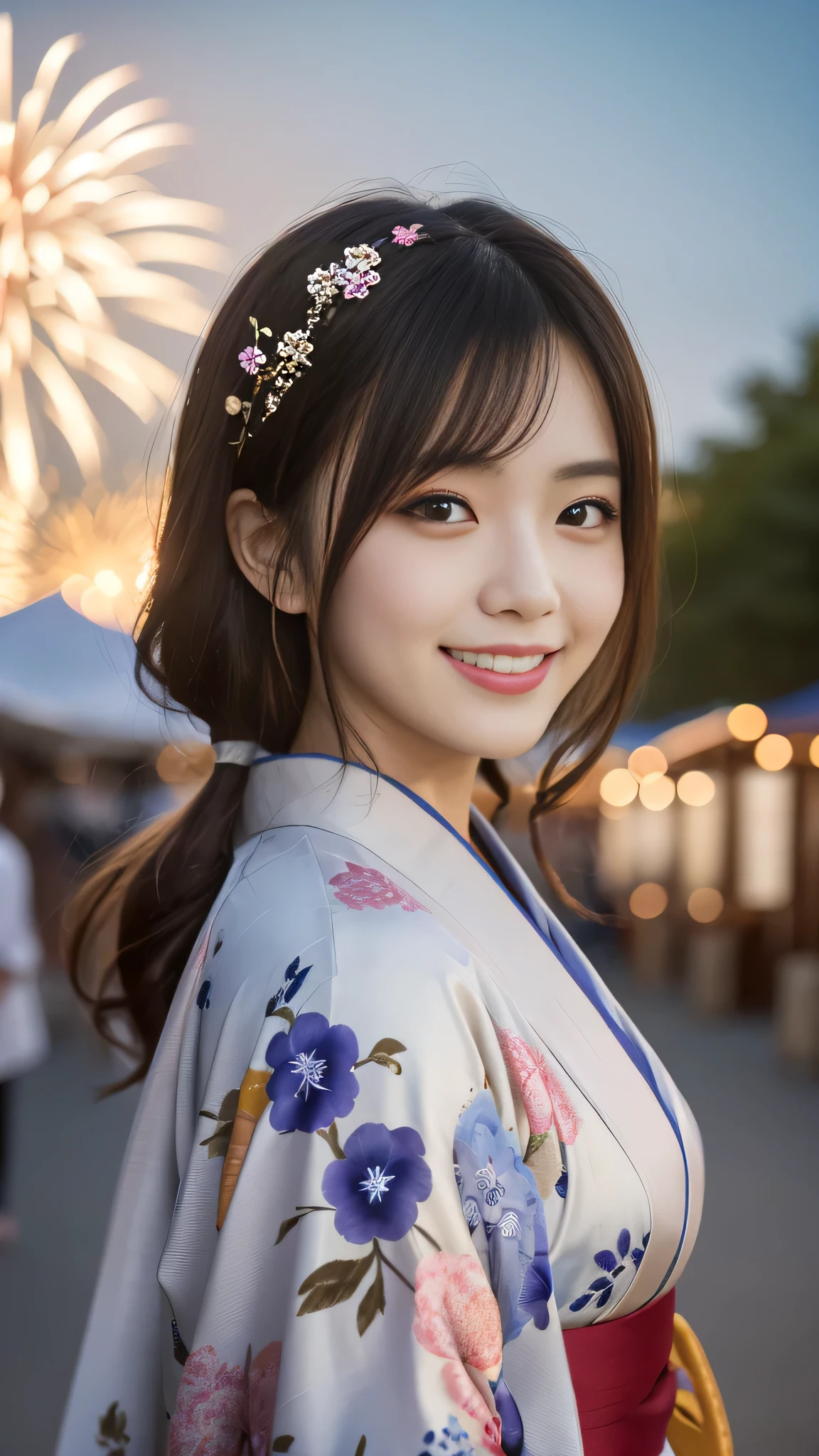 Looking at the camera,(((highest quality, 8k, masterpiece))), Sharp focus, (Beautiful woman with perfect figure), thin, ((kimono)), street, Highly detailed face and skin texture Detailed eyes Double eyelid Random pose, (smile),super cute Japan person,super beauty Japanese girl, Realistic Face, double eyelid,smile,Summer festival , At sunset , Beautiful Teeth , Fireworks Background.