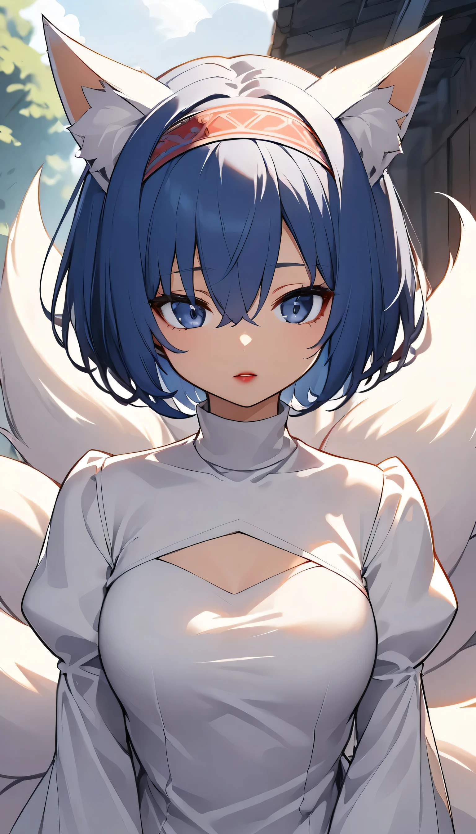 One girl, chest, Chest cleavage, Chest cleavage cutout, Dress cutout, Outdoor、 Hair between the eyes, head band, High resolution, Juliet Sleeve, Long sleeve, Fluffy sleeves, Red lips, Shadow Face, short hair, alone, Turtleneck sweater, Upper Body, l Blue hair, null, White fox ears, White fox tail, nine tailed fox,