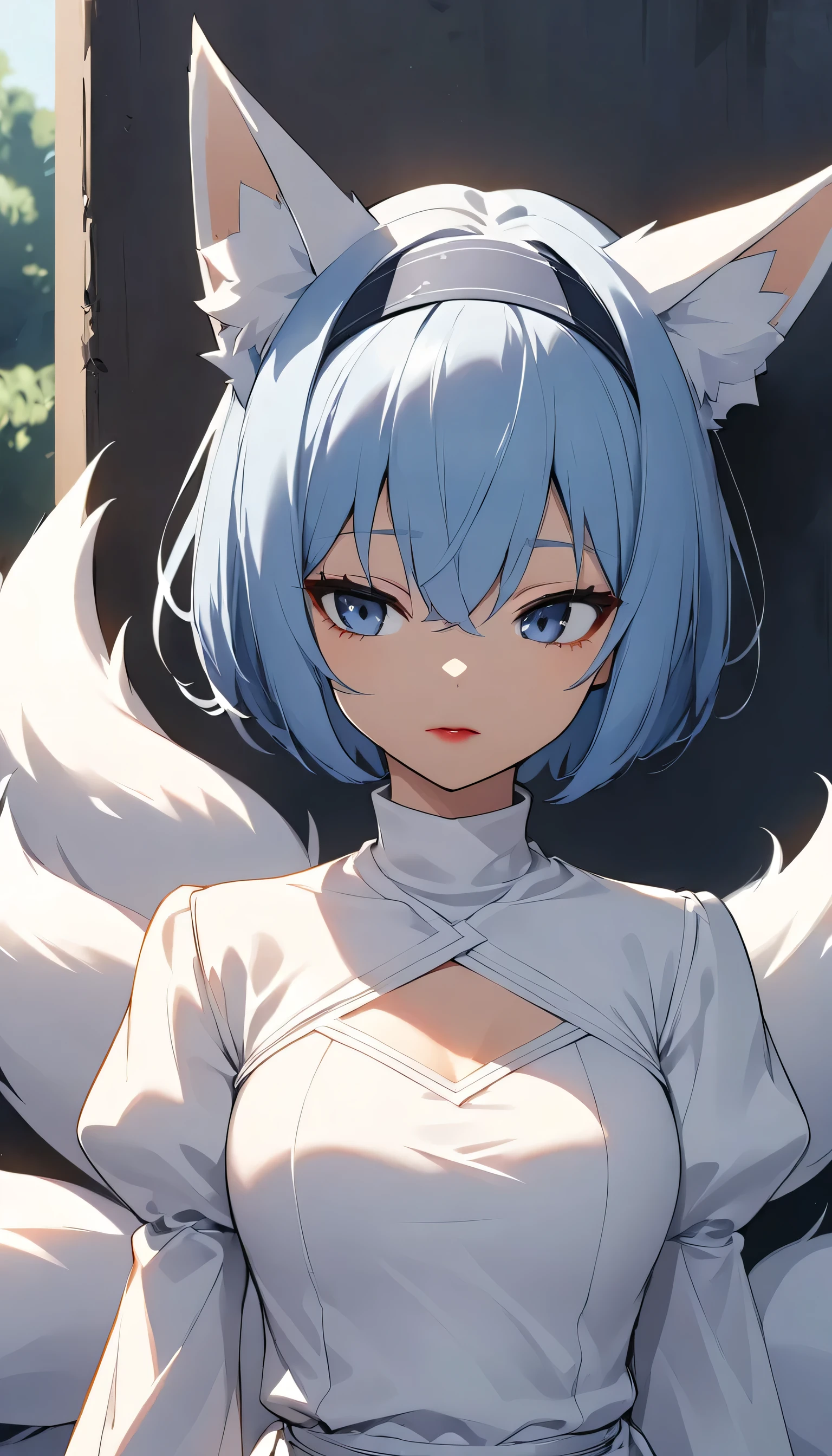 One girl, chest, Chest cleavage, Chest cleavage cutout, Dress cutout, Outdoor、 Hair between the eyes, head band, High resolution, Juliet Sleeve, Long sleeve, Fluffy sleeves, Red lips, Shadow Face, short hair, alone, Turtleneck sweater, Upper Body, l Blue hair, null, White fox ears, White fox tail, nine tailed fox,