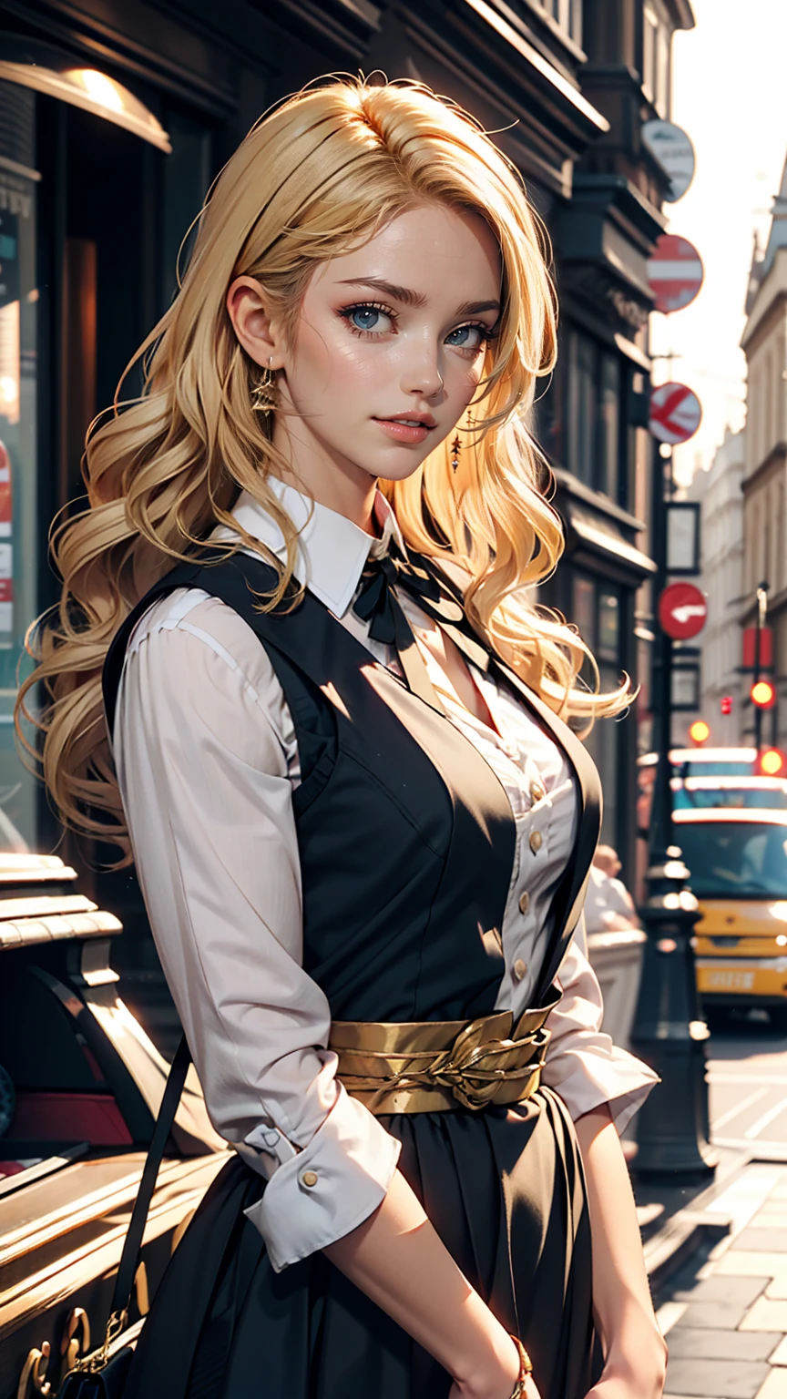 London、British lady high waist skirt、British woman in vest and high-necked ribbon blouse、White、Blonde、blue eyes、Wavy hair、Smile