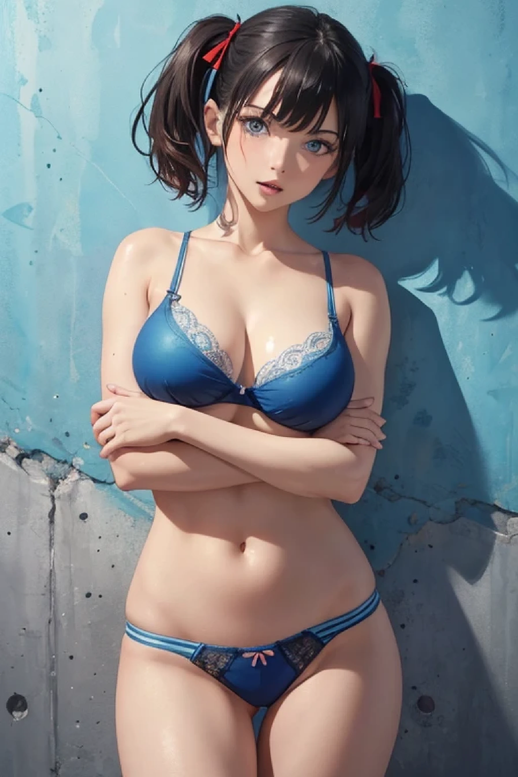 Perfect hands, (high quality, High resolution, Very detailed, reality:1.37), Textured skin, Clear Face, 1girl, solo, short hair, realistic, head tilt, masterpiece, best quality, high-resolution, ultra-detailed, watercolor, girl, bangs, black hair, blue eyes, breasts, navel, open mouth, twintails, red hair ribbon, wrist painted, upturned eyes, whole body is painted blue, paint breasts blue, paint midriff blue, paint body blue, cowboy shot, looking at viewer, panties, cover nipples, (crossed arms:1.2), Concrete wall Background