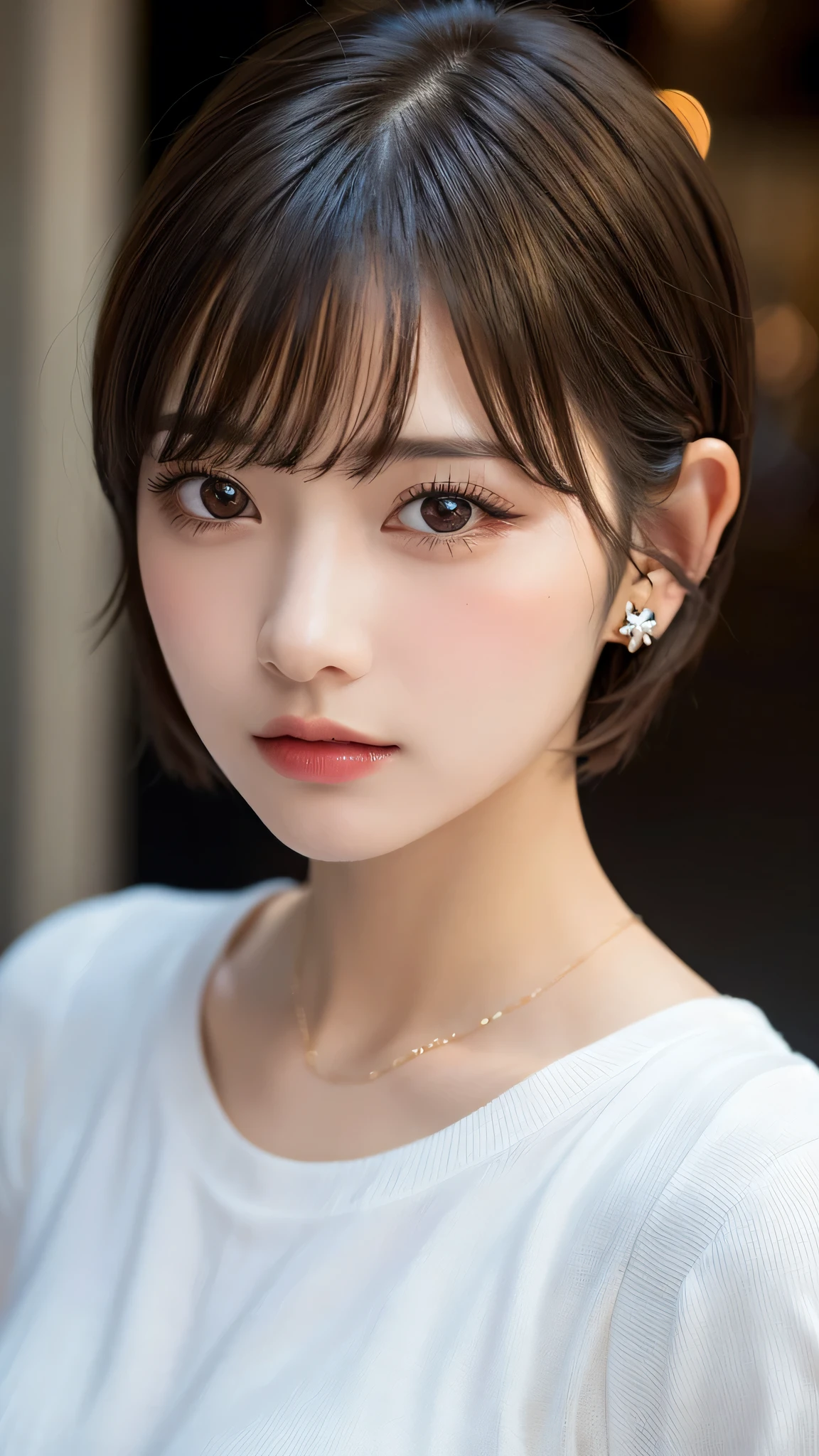 (highest quality, masterpiece), One girl, beautiful girl, Brown eyes, , ((Pixie cut with bangs)), Earrings, lips, Short sleeve,Realistic, Tight waist, Charm, Colorful Makeup, Long eyelashes, Fair skin, (cute), (Detailed face), Detailed eyes, Detailed Iris, 