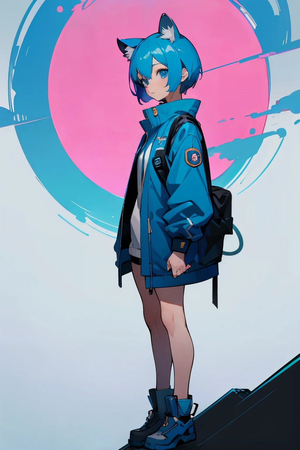 anime girl with blue hair and blue eyes in a blue jacket, 2D anime style, 2d anime, anime style 4k, Short haired blue-haired woman, Two-dimensional art, Second Art, anime art wallpaper 8 k, Hatsune Miku short hair, anime style. 8k, Blue Hair Girl, Anime cute art style, Anime Wallpaper 4K, full body, blue hair, cat ears, Tiger Teeth, neutral, Blue-pink, anime, Standing picture, UHD, retina, masterpiece, ccurate, anatomically correct, textured skin, super detail, high details, high quality, award winning, best quality, highres