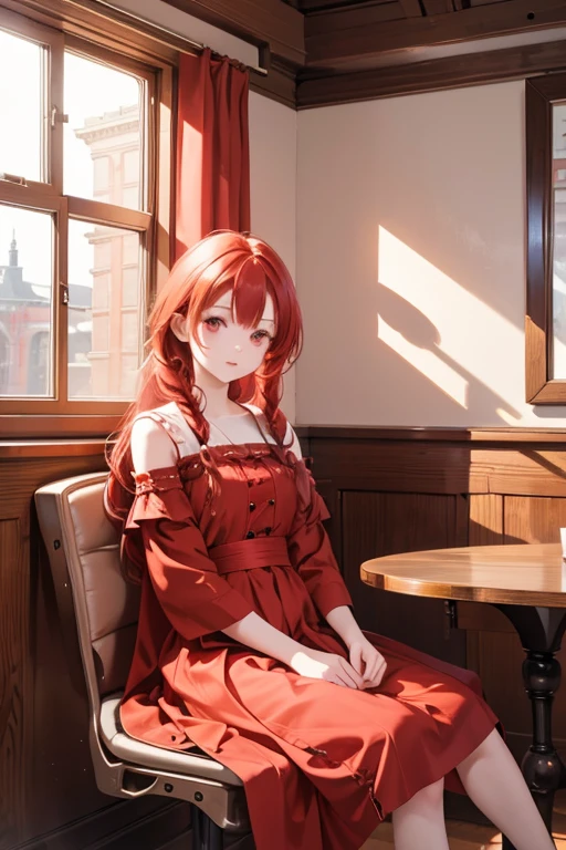 masterpiece, highest quality, High resolution, ****************、Red eyes、
Red hair、Braiding、Crimson Dress, Western-style building、Sit by the window