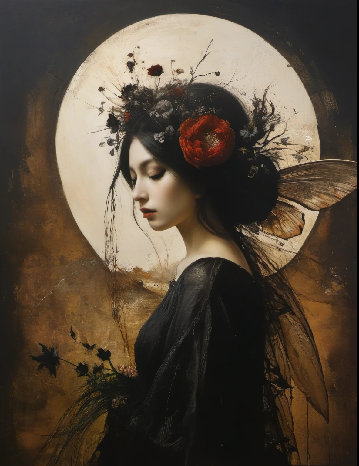 James Gurney, Surrealist art , dream-like, Mysterious, Provocative, symbolic, Complex, detailed,, (Gothic but very beautiful:1.4), (masterpiece, highest quality:1.4) , Nicola Samori Style, Flower Fairy