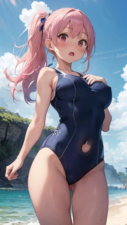 masterpiece、highest quality、Very detailed、Photograph the upper body、1 female、(Put your arms behind your back:1.4)、Are standing、Turn your body forward、View your viewers、(school swimsuit)、break,blush、shy、Pink Hair、Open your mouth、Sandy Beach、Big Breasts、