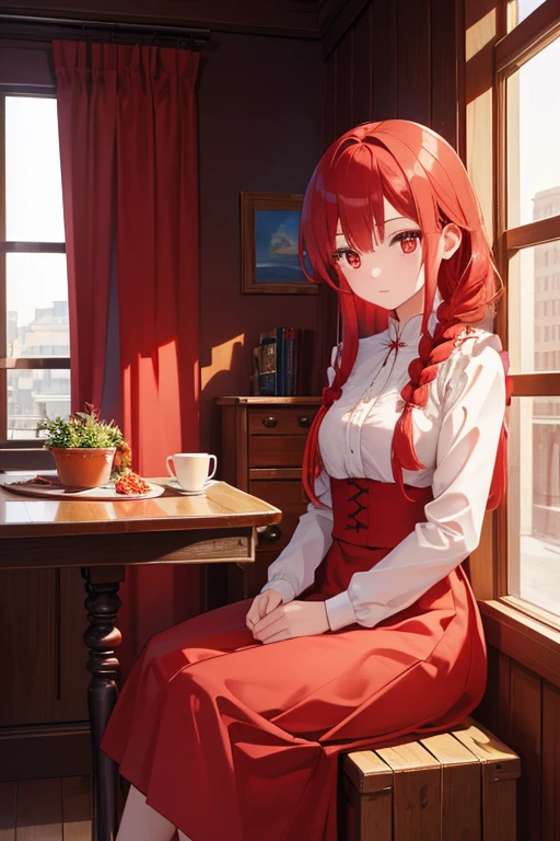 masterpiece, highest quality, High resolution, -yeld giRed eyes、
Red hair、Braiding、Crimson Dress, Western-style building、Sit by the window