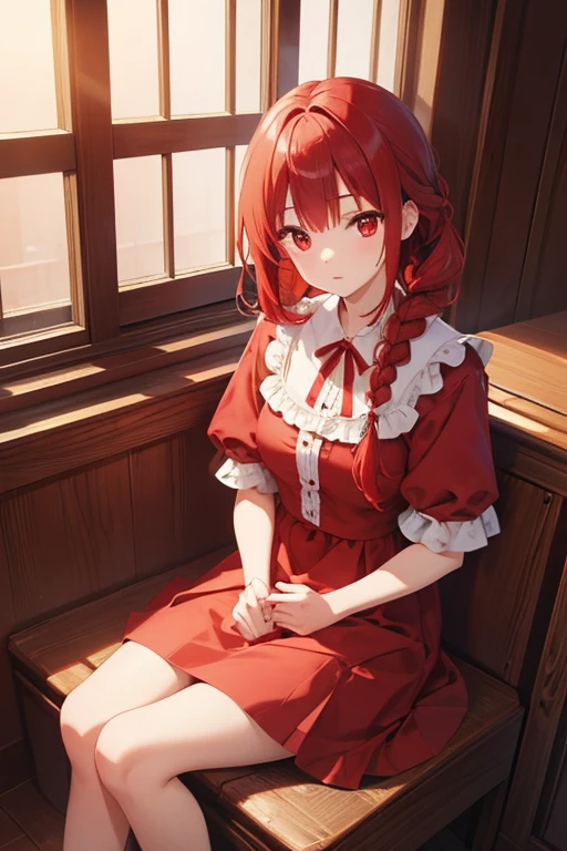 masterpiece, highest quality, High resolution, 14-year-old girl、Red eyes、
Red hair、Braiding、Crimson Dress, Western-style building、Sit by the window