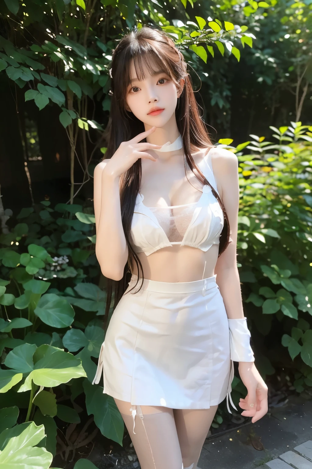 Beautiful woman with perfect body：1.4，Layered Hairstyle，Prominent cleavage，Highly detailed face and skin textures，Double eyelids，Skin Whitening，Long hair，Whitened long legs，粉红色Long hair，（Tight suspenders，miniskirt，White pantyhose）Stand in the garden