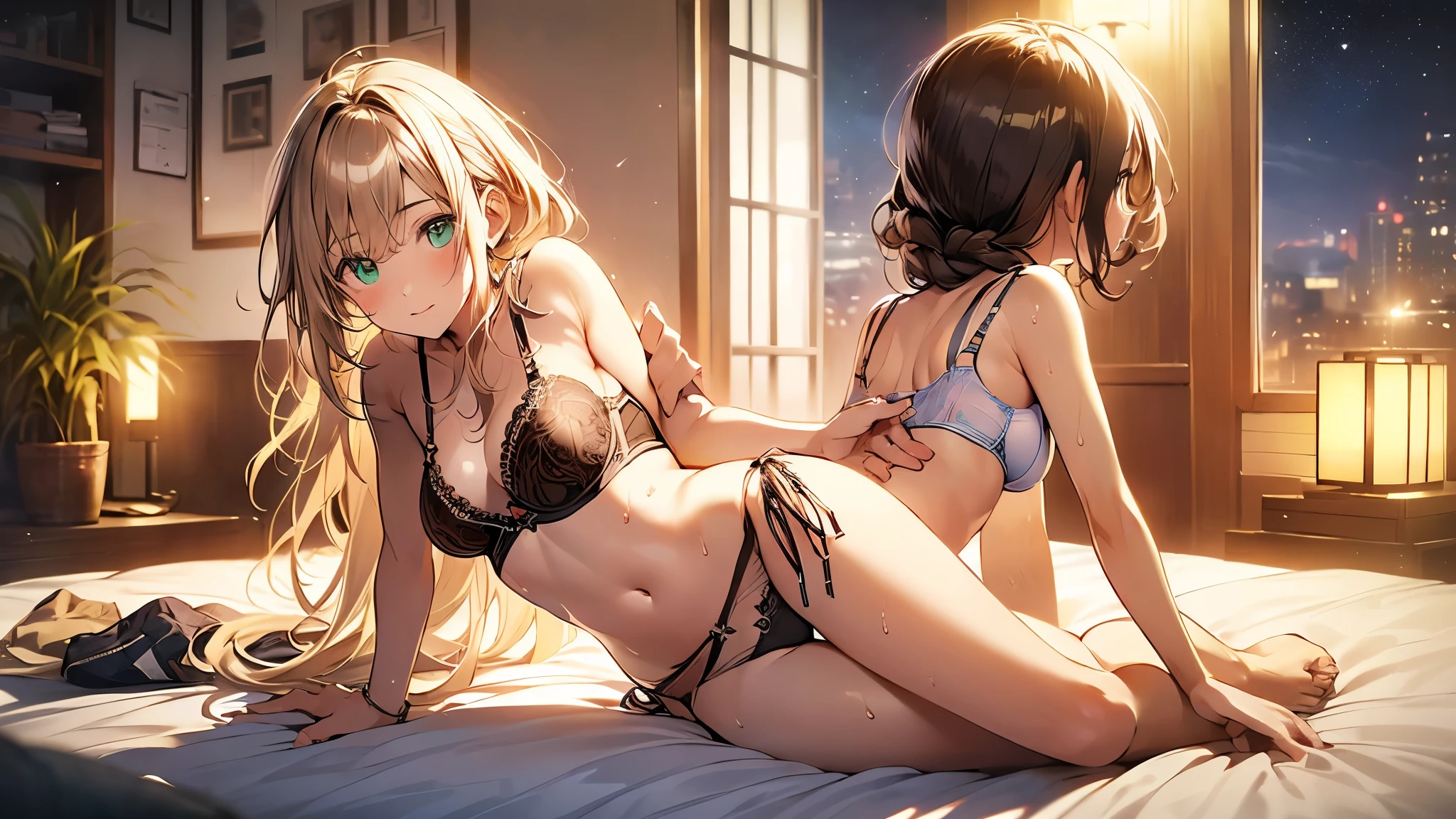 (((night,真night中))),(whole body)，(((Cinema Lighting)))，((Perfect Anatomy:1.2,Realistic:1.3,RAW Photos:1.3,masterpiece、highest quality、Ultra - High resolution、High resolution、Highly detailed CG、8k)),((attractive way to sit)),((旅館のJapanese-style room))、indoor、1 female,alone,18-year-old、High school girl beautiful girl,Japanese,((Beautiful and graceful face and eyes:1.2,Big beautiful eyes:1.0,)),(Bright Eyes),((Beautiful woman))、((blonde)),Long Hair,(Random hairstyle),Medium Chest,((The body is slim)),Small Head:1.3,skinny,(Brown Skin:1.8),((Oily skin,Glowing Skin,Shiny skin,Sweat:1.4)),((Model pose))，(((Kimono 1.8)))，{{{Undressing}}}，(prostitution),Japanese-style room，((Turn your body forward))，Stick out your crotch、(Detailed depiction of the crotch)，break,(((Satin Bra)))、(((satin panties)))、(Shiny bra:2)，((Shiny panties:2))、(((Award-winning design underwear)))，((((Bra and panties are the same color))))、break，((Green underwear))