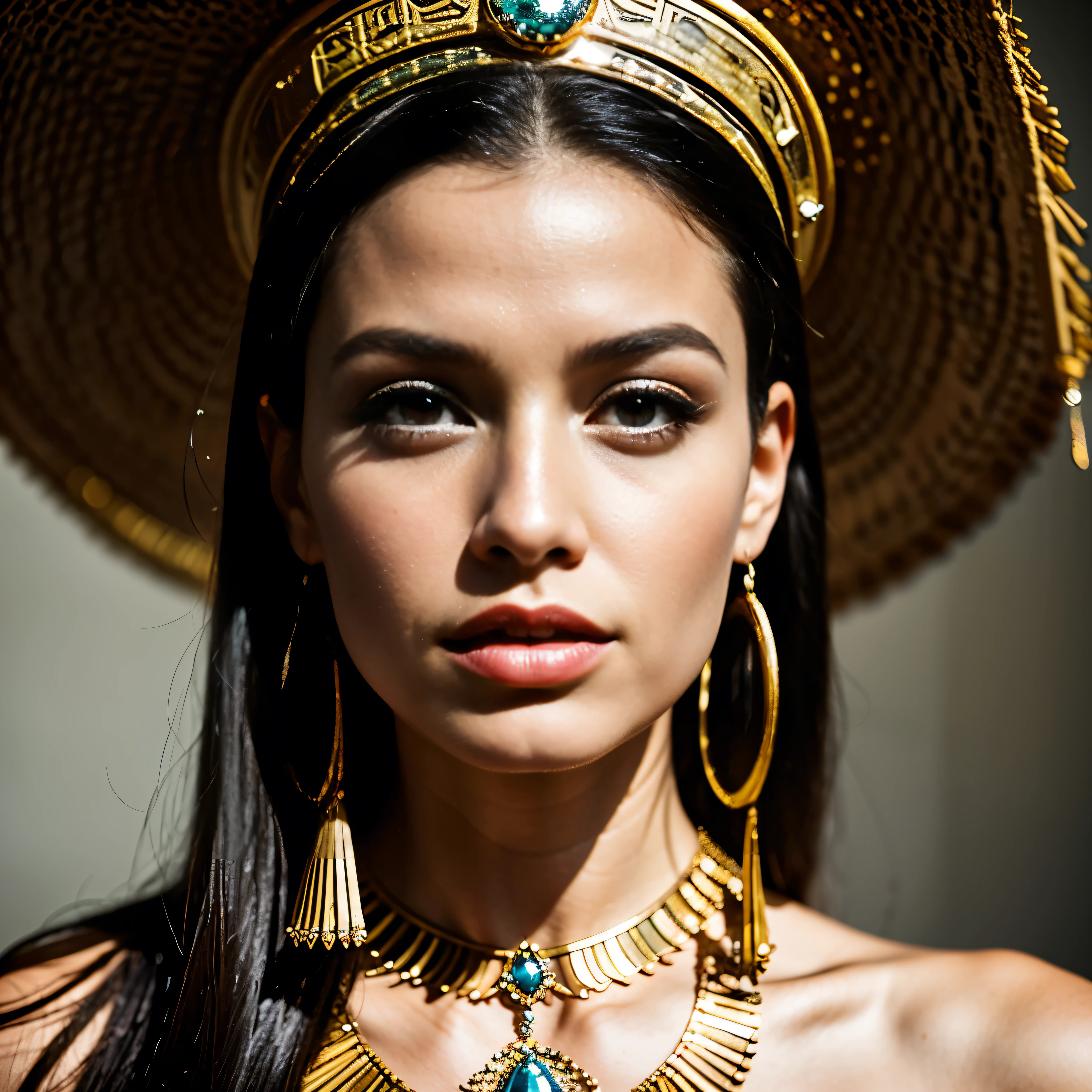 Queens of Ancient Egypt、Cleopatra、A beautiful woman、Beautifully detailed eyes、Beautifully detailed lips、Long eyelashes、Gorgeous Woman、(Cowboy Shot:1.4)、Elegant King&#39;s Pose、Sublime Beauty、Golden headpiece、flowing gown、Egyptian Hieroglyphics、Exotic background、Sunset lighting、Mysterious atmosphere、Elaborate Jewelry、(Complex eye makeup:1.4)、Gorgeous golden throne、Elaborate head dress、ancient egyptian symbols、Desert Background、(Sphinx)、(pyramid)、Dramatic Shadows、Detailed facial features、Bright colors彩、Luxurious fabrics、Historical accuracy、Clever Construction、Majestic Aura、Mysterious charm、Shining Beauty、Excellent craftsmanship、Rich texture、Decorative accessories、Exquisite environment、Royal Confidence、Theatrical presence、Captivating Gaze、Seductive attitude、Captivating Charm、Delicate hand gestures、A noble crown、Luxurious ornamentythological references、Symbolic Representations、Dignified elegance。 (highest quality、4K、High resolution、masterpiece:1.2)、Super detailed、(Real、Photorealistic、Photorealistic:1.37)、Bright colors、Professional Lighting、Sharp focus、Crisp details