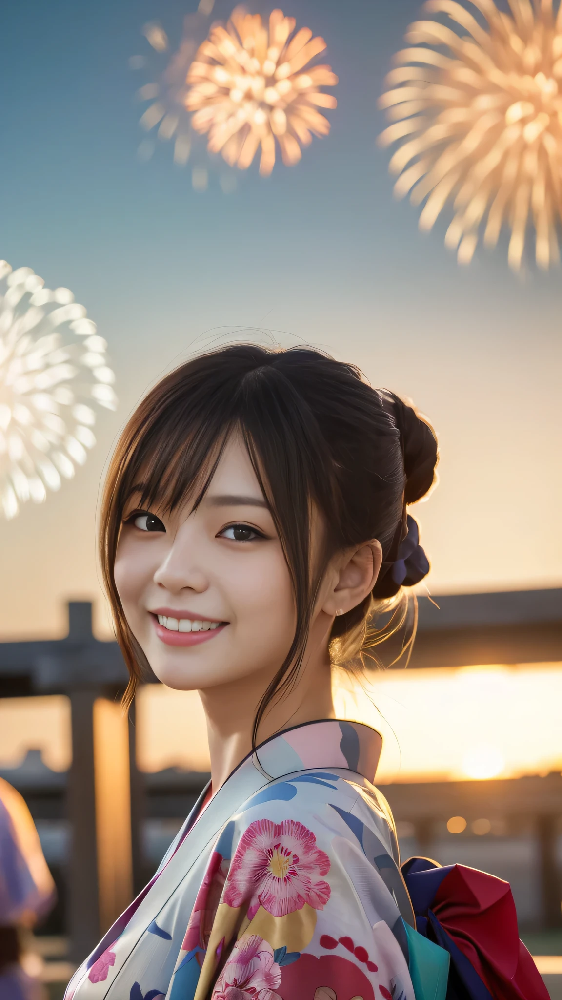 Looking at the camera,(((highest quality, 8k, masterpiece))), Sharp focus, (Beautiful woman with perfect figure), thin,  ((kimono)), street, Highly detailed face and skin texture Detailed eyes Double eyelid Random pose, (smile),super cute Japan person,super beauty Japanese girl, Realistic Face, double eyelid,smile,Summer festival , At sunset , Beautiful Teeth , Fireworks Background.