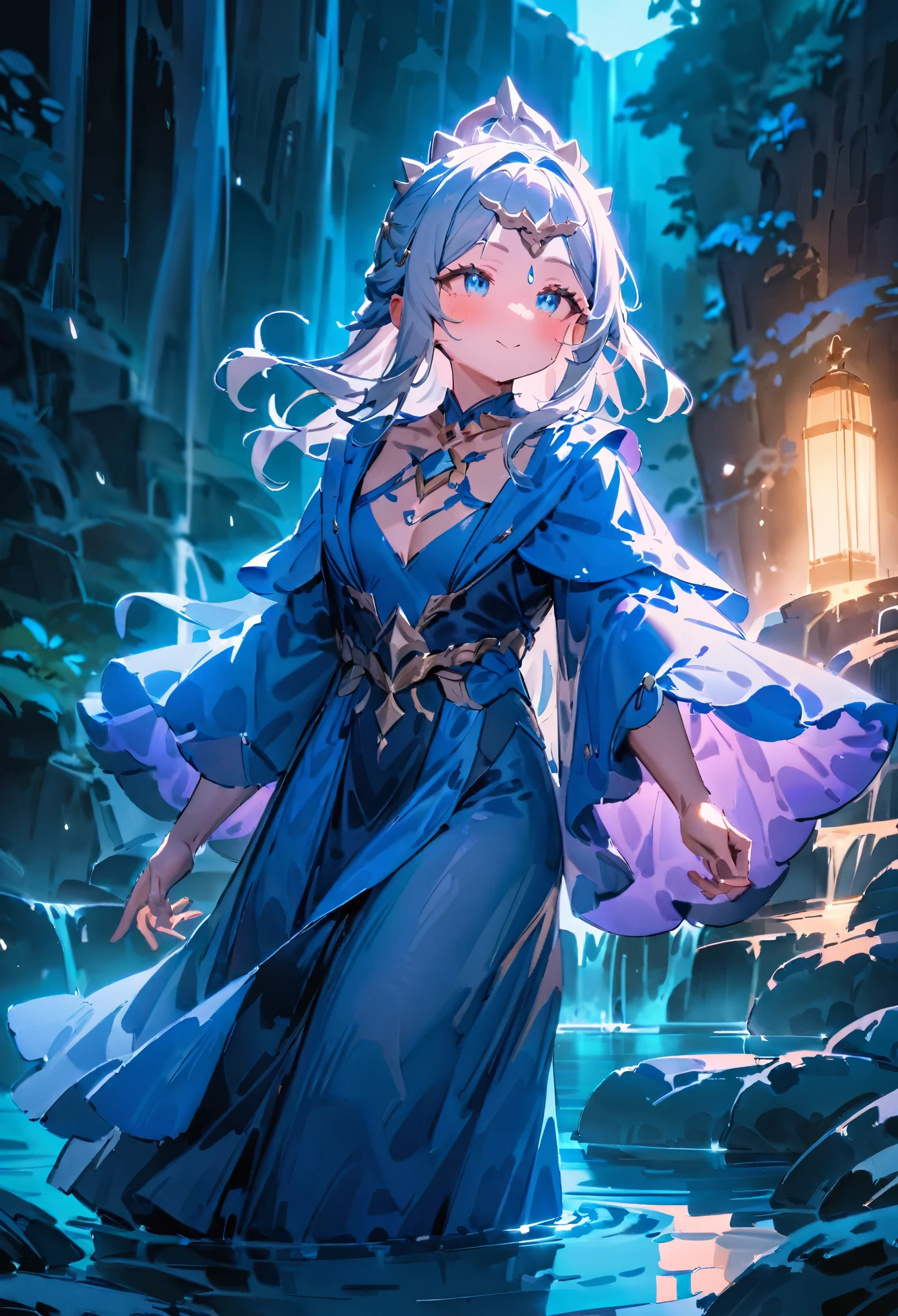 masterpiece, best quality, very aesthetic, absurdres, newest, cute girl, azure blue background, blue clothes, fantasy clothes, cute face, big wide violet eyes, cinematic lighting, ambient lighting, fantasy world, detailed body figure, cute goddess lady, water fall background, indigo robes, standing in a lake, water splashes