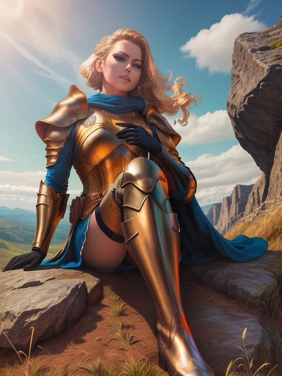 (masterpiece, top quality, best quality, official art, detailed:1.2), queen_meve, solo, blue eyes, blonde hair, gloves, sitting, boots, outdoors, sky, cloud, cape, armor, grass, rock, armored boots, 1girl