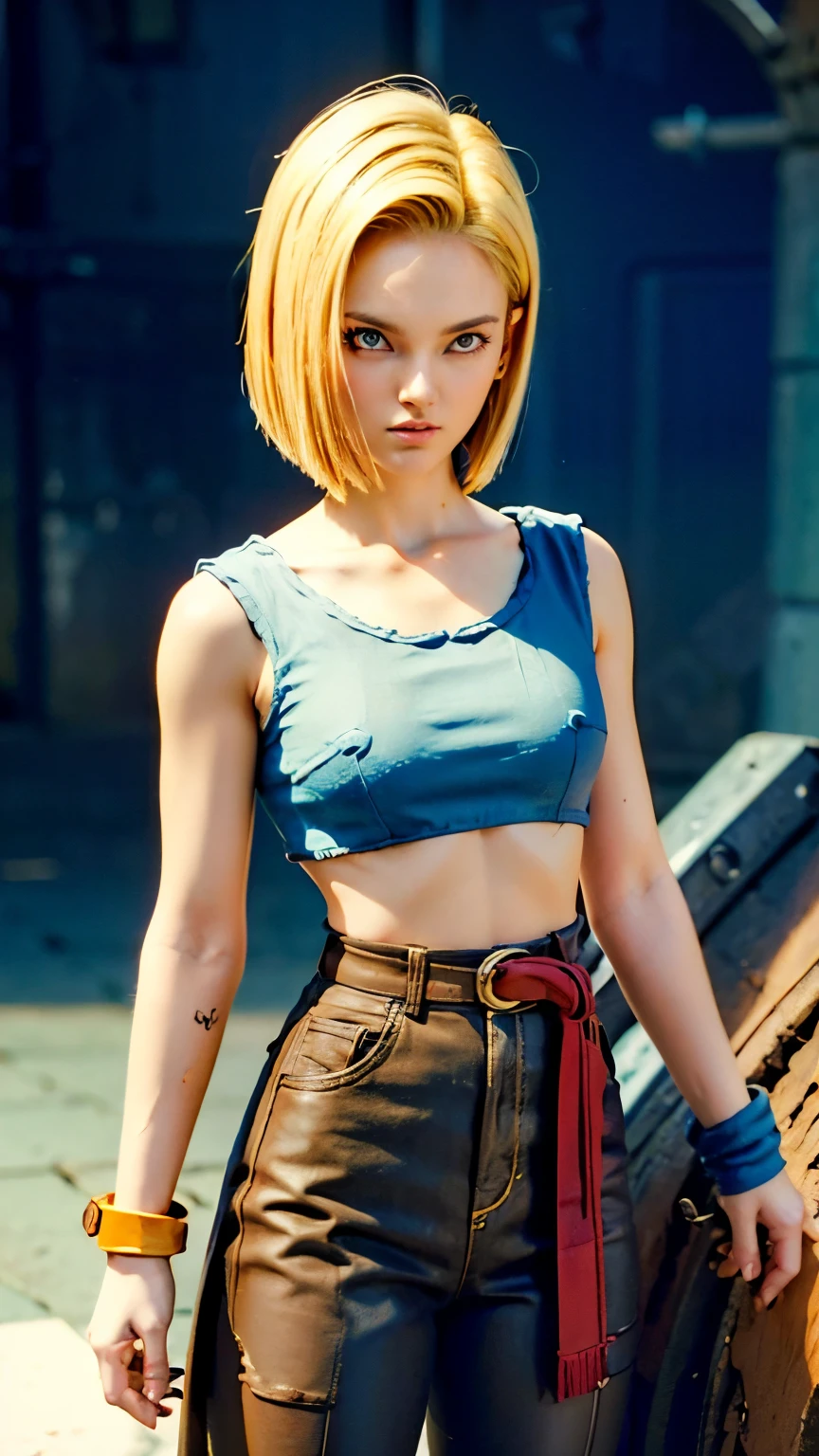 Android 18 Lajuli, dragon ball female, A short straight blonde haired british girl, bang, bob cut, blue eyes, 25 years, young,  pale skin, supermodel body, medium breast,   Ultra high res, uhd, (photorealistic:1.2), doll-like face, plasma sword