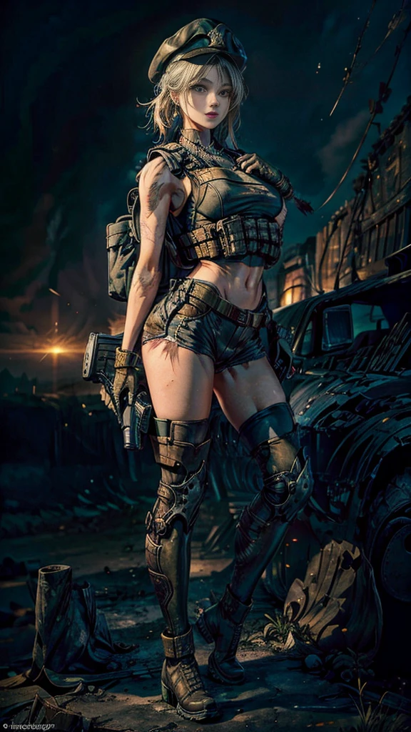 (Photographic:1.3, 16k, highest quality, masterpiece, Ultra-high resolution), Perfect dynamic composition:1.2, Highly detailed skin and facial textures:1.2, Covered in scars:1.2, (The end of the world:0.5, military base:0.6, Contrasting with the desolate background:0.7, Increase the disruptive element:0.7, Debris and impurities scattered around:0.7), (Dynamic action pose:1.0, Professional camera work:1.0, Aim with a gun:1.0), Beautiful Japanese women serving in the US military, Incredibly slim body, Fair skin, Very beautiful face, Stern expression, (Automatic rifle:0.7, Bulletproof vest:0.7, Torn military uniform:1.0, Backpack:0.7, boots:0.7), Shapely breasts, Chest gap, Big eyes that exude beautiful eroticism, Lips that exude beautiful eroticism, Cowboy Shot, necklace, Earrings, bracelet, Tattoo:0.5, military cap