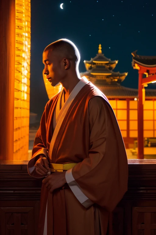 Intelligent monk with a shaved head, bodhisattva, temple, robe with moon background, (highest image quality), (illustration)