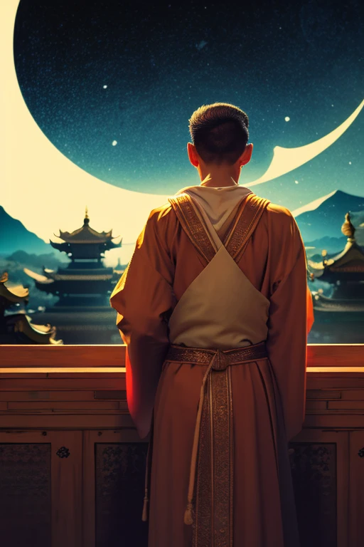 Intelligent monk with a shaved head, bodhisattva, temple, robe with moon background, (highest image quality), (illustration)
