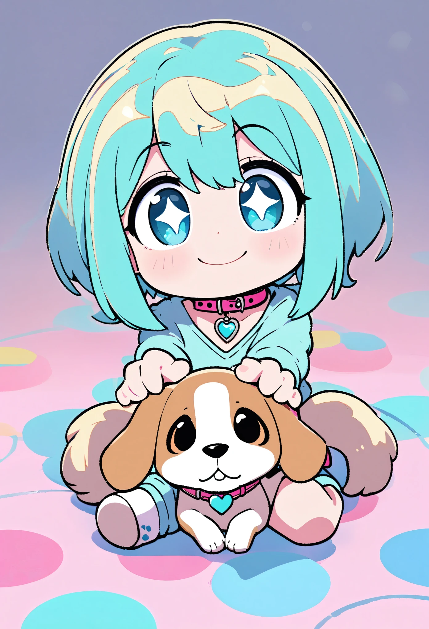 super deformed, best quality, super fine, 16k, cute beagle dog, sitting pose, Tiffany blue heart pendant on collar, sparkling big eyes, cute smile, background pastel colored dots, pop art