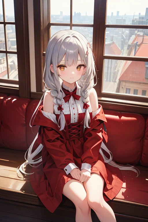 masterpiece, highest quality, High resolution, ****************、Golden Eyes、
Silver Hair,  Braiding、Crimson Dress, Western-style building、Sit by the window