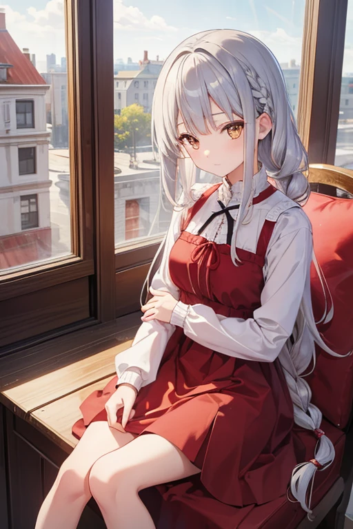 masterpiece, highest quality, High resolution, ****************、Golden Eyes、
Silver Hair,  Braiding、Crimson Dress, Western-style building、Sit by the window