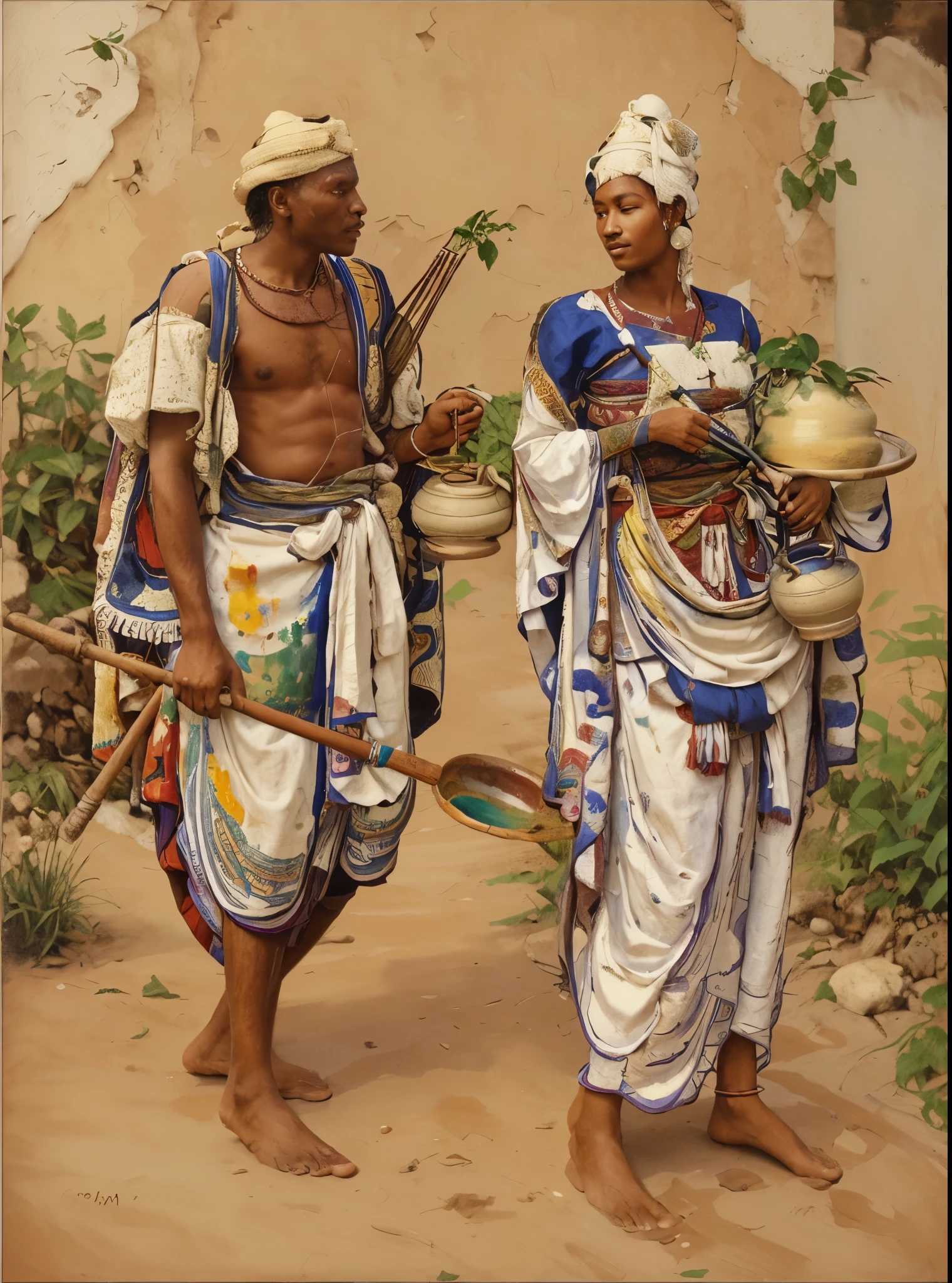 painting of a (man and a womn) in traditional clothing holding pots and a staff,