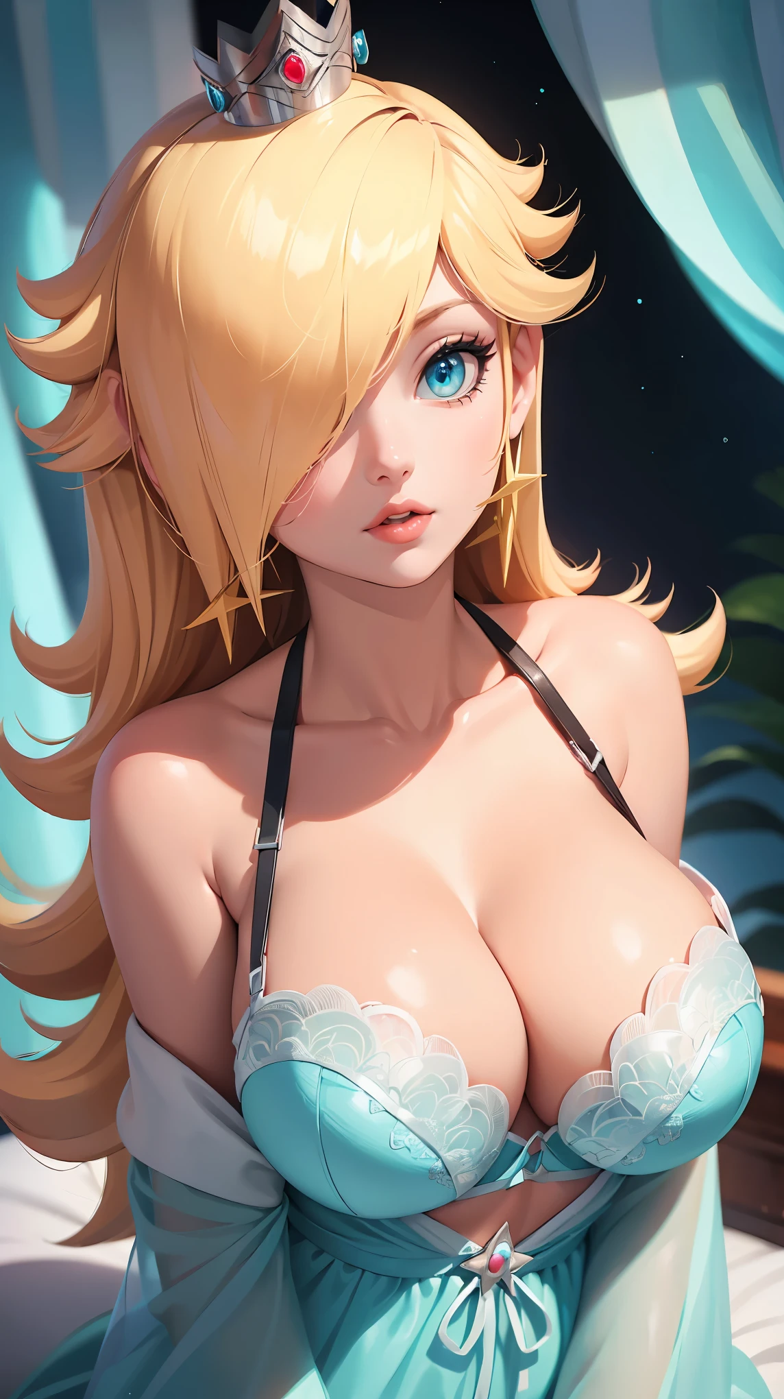 ((high detailed, best quality, 4k, masterpiece, hd:1.3)), ((best quality)), (((HD))), (((8k))), (ultraDH), (ultra HD), blue eyes, BREAK blue eyes, seductive, attractive, smooth anime cg art, 36C breasts, long legs, vivid colors, slim body, perfect skin, blonde hair, long hair, light hair, blonde hair, cleavage, 36C cleavage, looking at viewer, BREAK looking at viewer, extremely detailed face, earrings, gem, dark pink makeup lips, dark gothic eyeshadows, dark eyeshadows, white eyeshadows, pink sexy lips, dark lips, very dark lips, (perfect hands, perfect anatomy), light makeup, pink medium lips, pink thick lips, detailed fingers, five fingers per hand, 5 fingers, (1 girl), detailed lips, detailed pink lips, pink painted lips, gothic painted lips, (breast focus), (arms outstreched:1.2), (from above:1.1), (breasts out:1.3), (off shoulder:1.1), (((blue bra with straps))),
