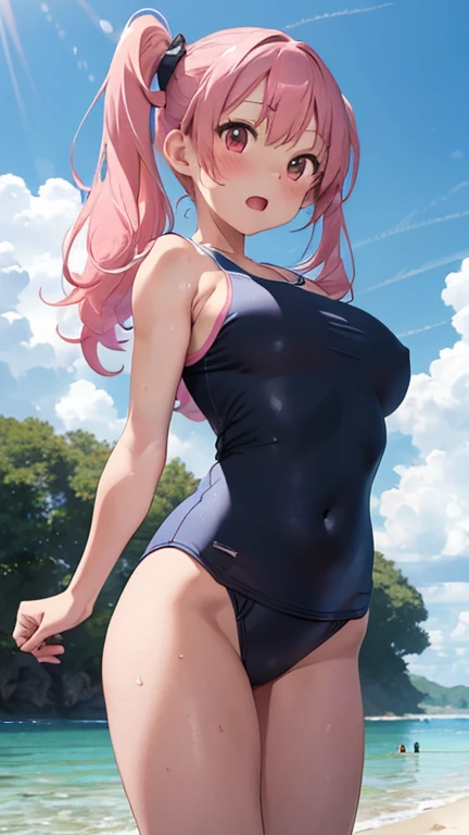 masterpiece、highest quality、Very detailed、Photograph the upper body、1 female、(Put your arms behind your back:1.4)、Are standing、Turn your body forward、View your viewers、(school swimsuit)、break,blush、shy、Pink Hair、Open your mouth、Sandy Beach、Big Breasts、