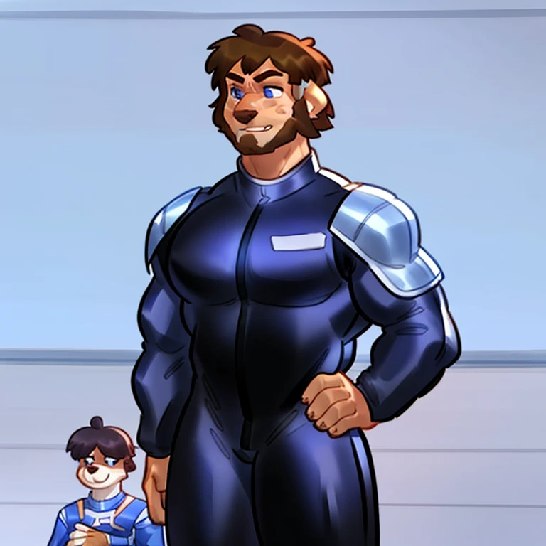 Por bebebebebe, por spuydjeks, por Buta99, por Spikedmauler, Sozinho, standing, Female, ((cabelo, focinho)), (((muscular))), steel chest piece, metal shoulder pads, ((prata spacesuit under armor)), (((prata))), seios grandes, prata knight armor, brown cabelo, olhos castanhos, canino,