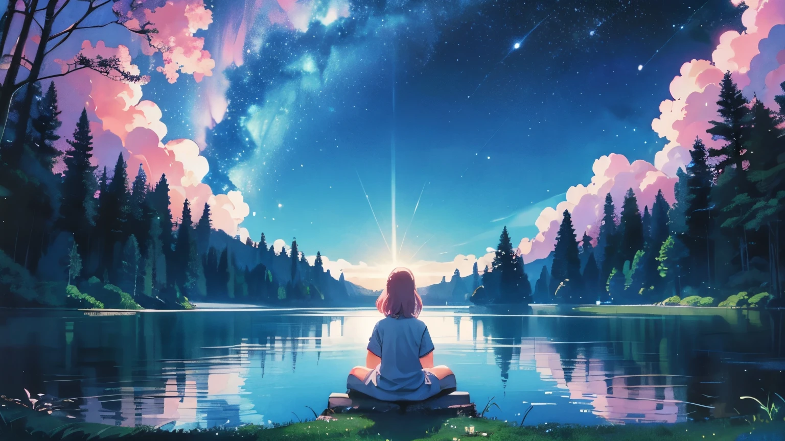 1980s City Pop anime style, wide-angle perspective, starry sky, serene forest, tranquil lake, meditating character