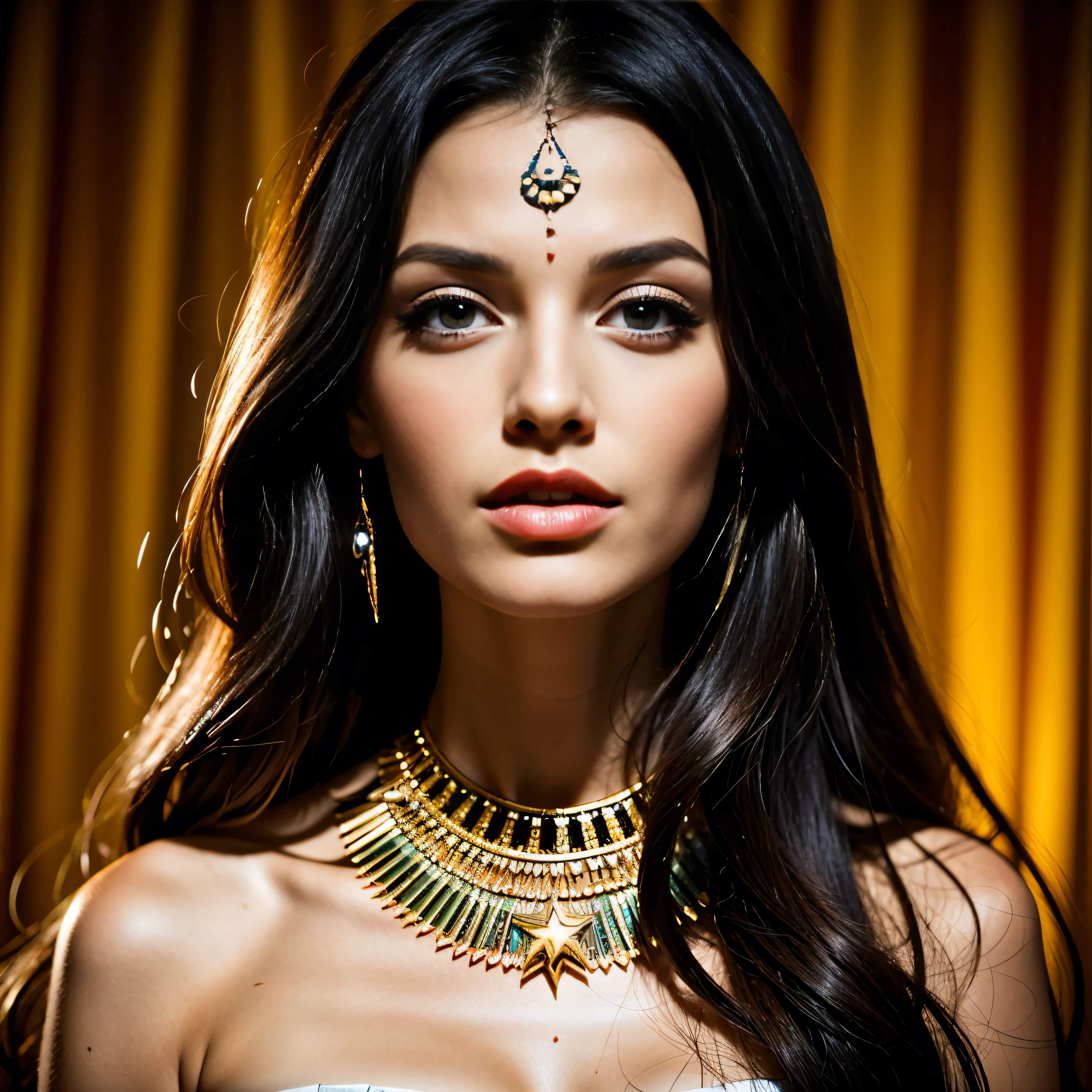 Queens of Ancient Egypt、Cleopatra、A beautiful woman、Beautifully detailed eyes、Beautifully detailed lips、Long eyelashes、Gorgeous Woman、(Cowboy Shot:1.4)、Elegant King's Pose、Sublime Beauty、Golden headpiece、flowing gown、Egyptian Hieroglyphics、Exotic background、Sunset lighting、Mysterious atmosphere、Elaborate Jewelry、(Complex eye makeup:1.5)、Gorgeous golden throne、Elaborate head dress、ancient egyptian symbols、Desert Background、(Sphinx、pyramid:1.5)、Dramatic Shadows、Detailed facial features、Bright colors彩、Luxurious fabrics、Historical accuracy、Clever Construction、Majestic Aura、Mysterious charm、Shining Beauty、Excellent craftsmanship、Rich texture、Decorative accessories、Exquisite environment、Royal Confidence、Theatrical presence、Captivating Gaze、Seductive attitude、Captivating Charm、Delicate hand gestures、A noble crown、Luxurious ornamentythological references、Symbolic Representations、Dignified elegance。 (highest quality、4K、High resolution、masterpiece:1.2)、Super detailed、(Real、Photorealistic、Photorealistic:1.37)、Bright colors、Professional Lighting、Sharp focus、Crisp details