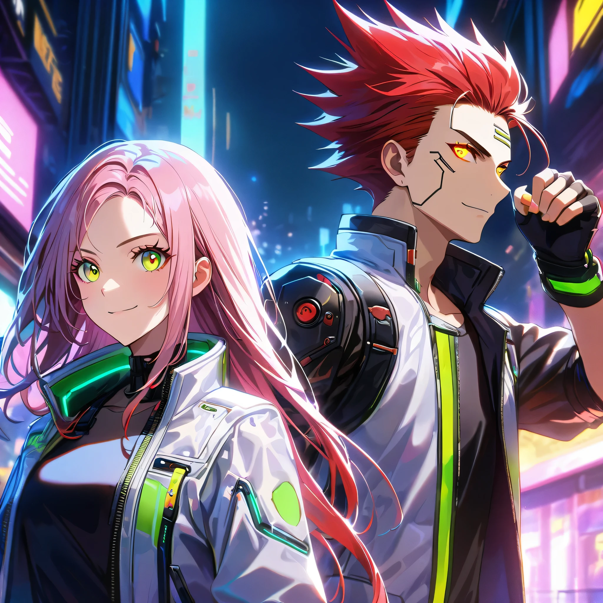 two persons, A man and a girl , man with short red hair spiky upwards with some long strands falling on the forehead and yellow neon eyes holding a perfect neon katana wearing a leather white jacket and black t shirt, stand and confident pose, confidente smile, cyberpunk, night, fingerless gloves , red hair, neon eyes, ultra detailed face, and his horgeous sister with perfect white long hair and green neon eyes,
