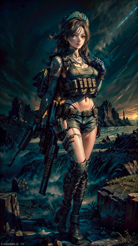 (Photographic:1.3, 16k, highest quality, masterpiece, Ultra-high resolution), Perfect dynamic composition:1.2, Highly detailed skin and facial textures:1.2, Covered in scars:1.2, (The end of the world:0.5, military base:0.6, Contrasting with the desolate background:0.7, Increase the disruptive element:0.7, Debris and impurities scattered around:0.7), (Dynamic action pose:1.0, Professional camera work:1.0, Aim with a gun:1.0), Beautiful Japanese women serving in the US military, Incredibly slim body, Fair skin, Very beautiful face, Stern expression, (Automatic rifle:1.0, Bulletproof vest:1.0, Torn military uniform:1.0, Backpack:1.0, boots:1.0), Shapely breasts, Chest gap, Big eyes that exude beautiful eroticism, Lips that exude beautiful eroticism, Cowboy Shot, necklace, Earrings, bracelet, Tattoo:0.5, military cap