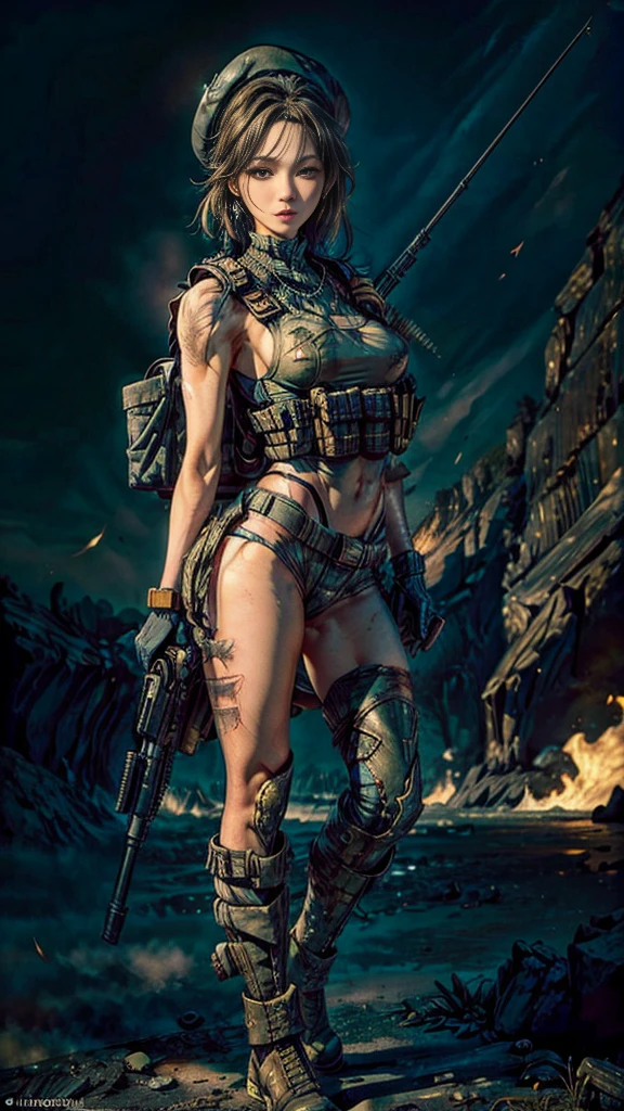 (Photographic:1.3, 16k, highest quality, masterpiece, Ultra-high resolution), Perfect dynamic composition:1.2, Highly detailed skin and facial textures:1.2, Covered in scars:1.2, (The end of the world:0.5, military base:0.6, Contrasting with the desolate background:0.7, Increase the disruptive element:0.7, Debris and impurities scattered around:0.7), (Dynamic action pose:1.0, Professional camera work:1.0, Aim with a gun:1.0), Beautiful Japanese women serving in the US military, Incredibly slim body, Fair skin, Very beautiful face, Stern expression, (Automatic rifle:1.0, Bulletproof vest:1.0, Torn military uniform:1.0, Backpack:1.0, boots:1.0), Shapely breasts, Chest gap, Big eyes that exude beautiful eroticism, Lips that exude beautiful eroticism, Cowboy Shot, necklace, Earrings, bracelet, Tattoo:0.5, military cap