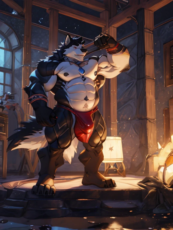 Wolf‚Male, muscle, intestinal muscle, big belly, large, Male mature, old. front view‚ fundoshi ‚ bulge crotch ‚ A fundoshi bulge in crotch ‚ huge crotch ‚