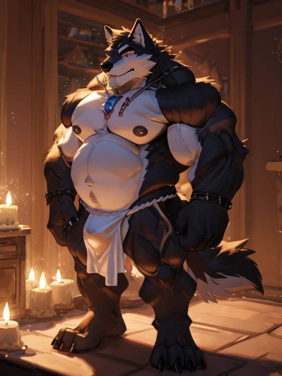 Wolf‚Male, muscle, intestinal muscle, big belly, large, Male mature, old. front view‚ fundoshi ‚ bulge crotch ‚ A fundoshi bulge in crotch ‚ huge crotch ‚ 