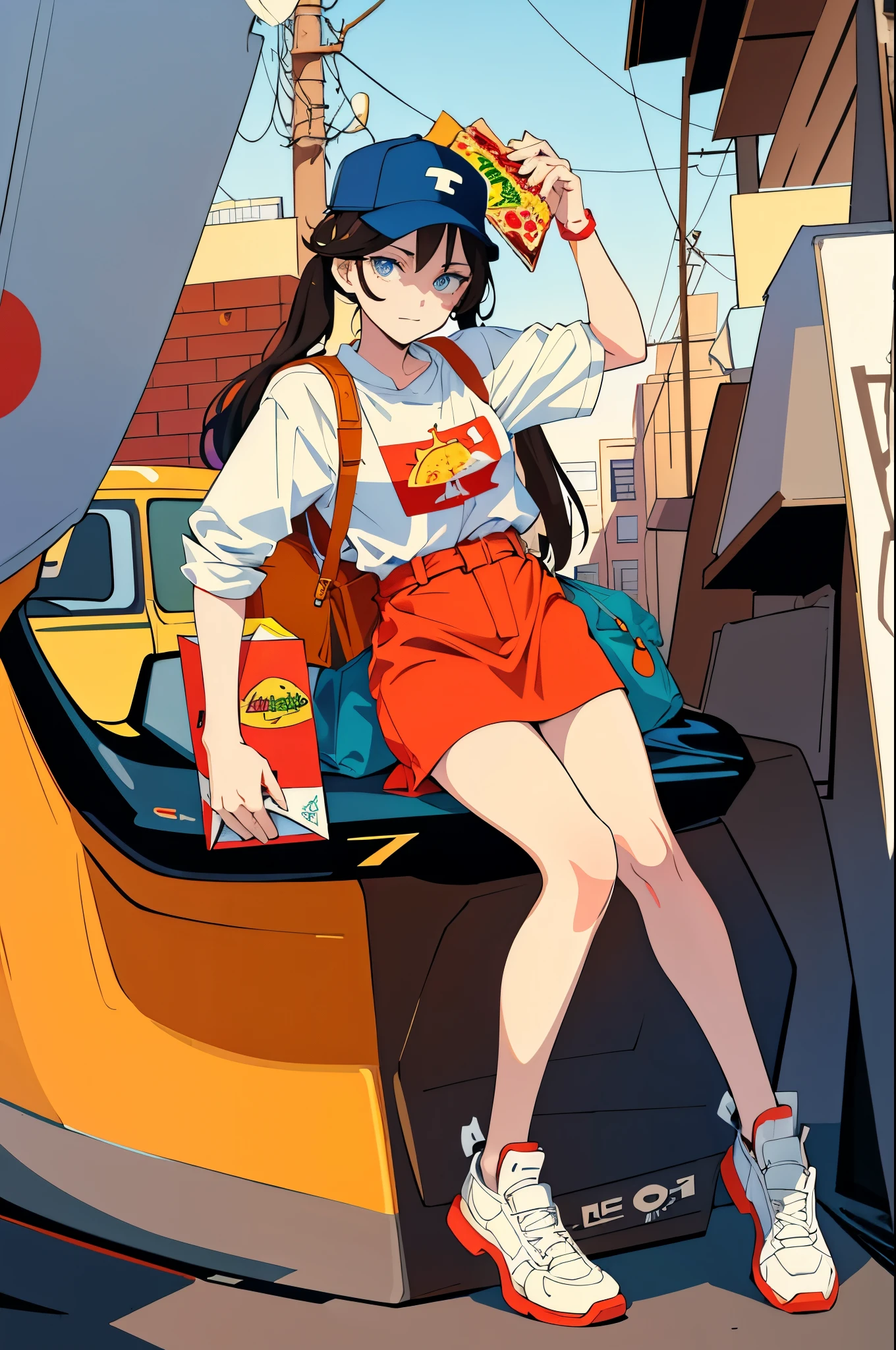 (flat color:1.1),(masterpiece:1.2), original, pizza delivery girl, holding pizza box