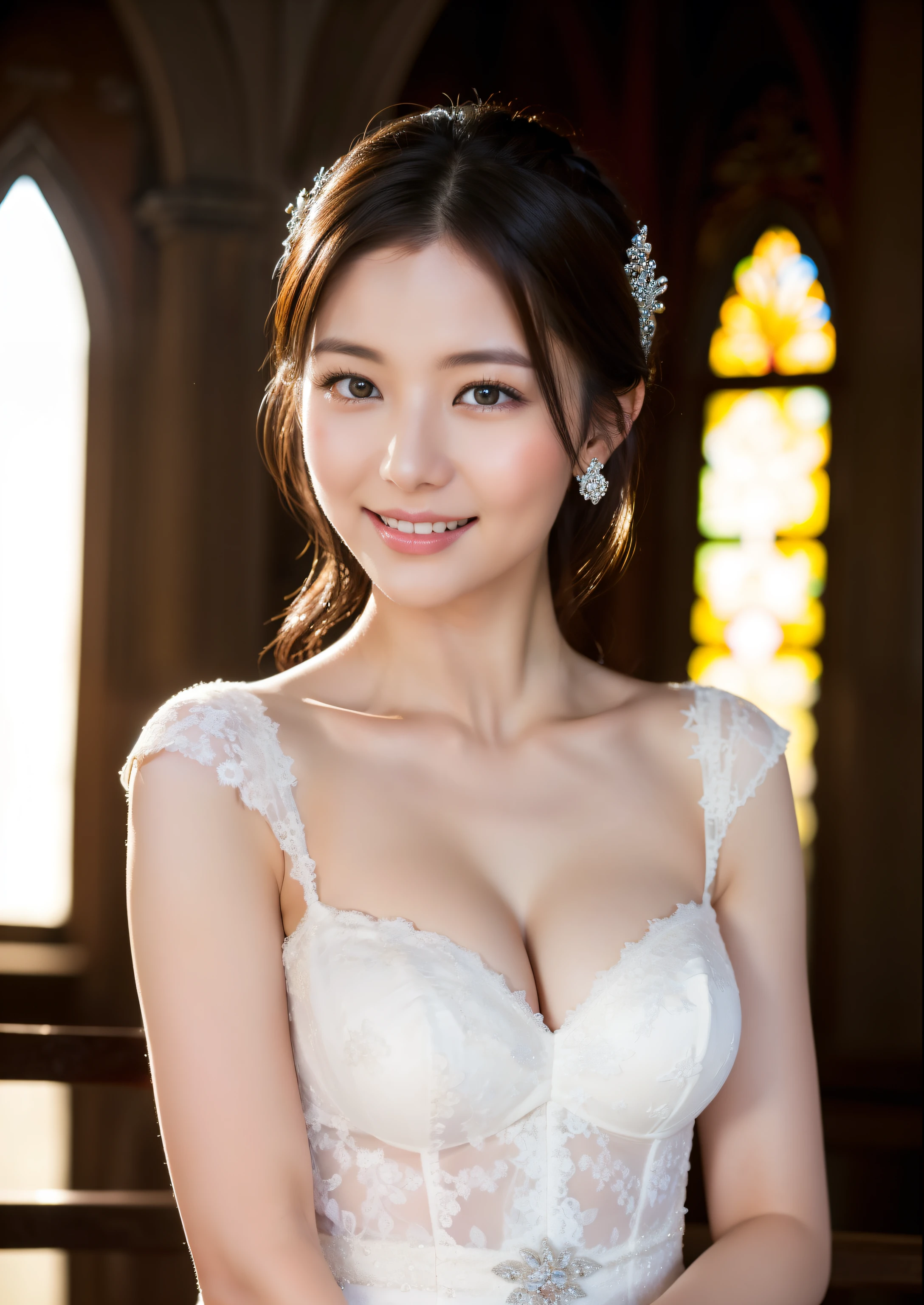 Beautiful 25 year old  woman。She is wearing a summer wedding dress. She is smiling on illuminated by the evening church lights . romantic sunset. her dark brown hair. High resolution、masterpiece、highest quality、頭w:1.0、((Hasselblad Photos))、fine skin、(movie lighting)、clavicle . full body picture.