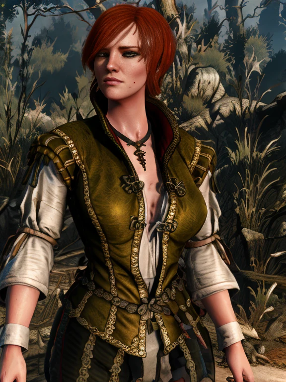 [ Shani],[Short Red Hair],Shani from The WItcher,[sexy],[ forest],4k,sharp image,detailed