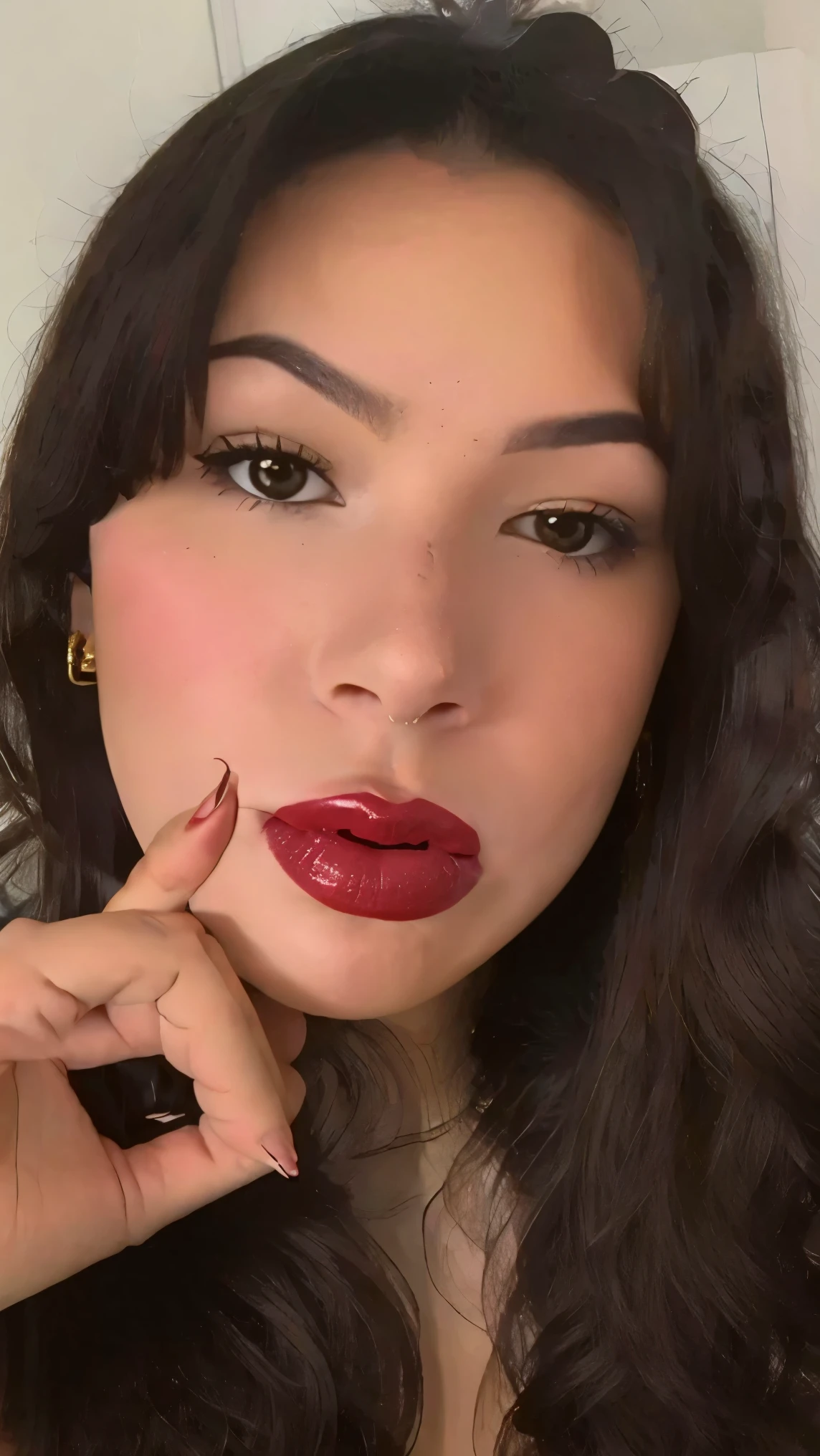 Lucia, close up, lipstick, touching her mouth with her fingers , , , frowning , 1 bun