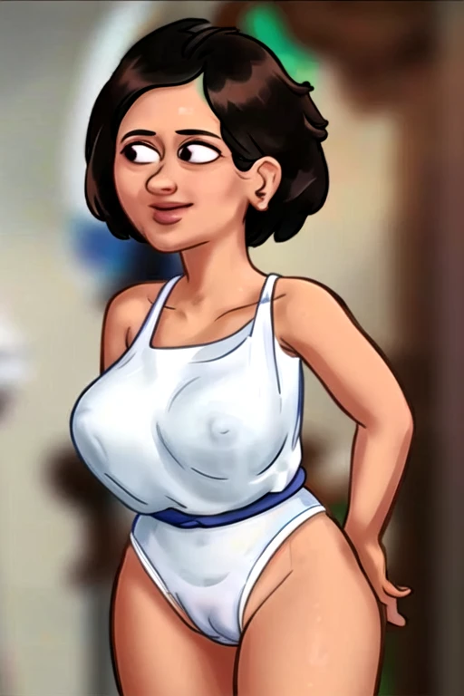 obra de arte, melhor qualidade, 1 garota, Sozinho, cabelo castanho, cabelo curto, brincos, pupilas pontilhadas, olhando para o espectador, sorriso, Boca aberta, vestido vermelho, saia longa, sem mangas, crossed arms, seios, decote baixo, clavicle, visualizador de frente,