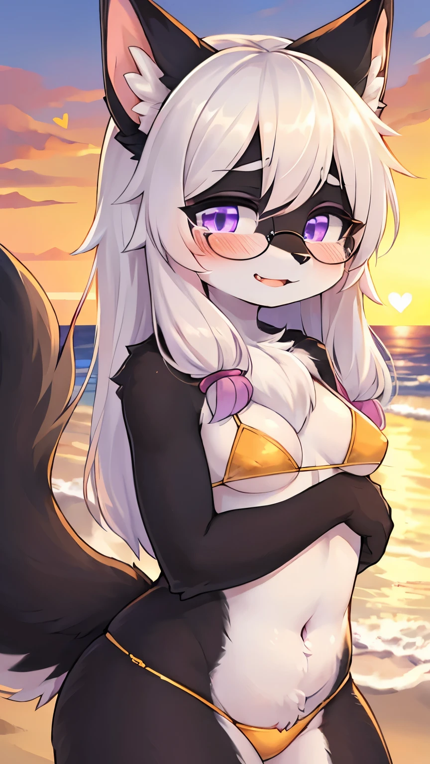 best quality,best resolution,(fluffy anthro furry :1.6),(young :1.6), cat girl,white hair,long hair,wavy hair,(black fur :1.6),purple eyes,glistering eyes,sparkle eyes,small breasts,(gold bikini),glasses,beautiful beach,sunset,evening,(orange sky),(orange light),looking at viewer,full face blush,horny face,heart expression eyes,upper body only,heart eyes
