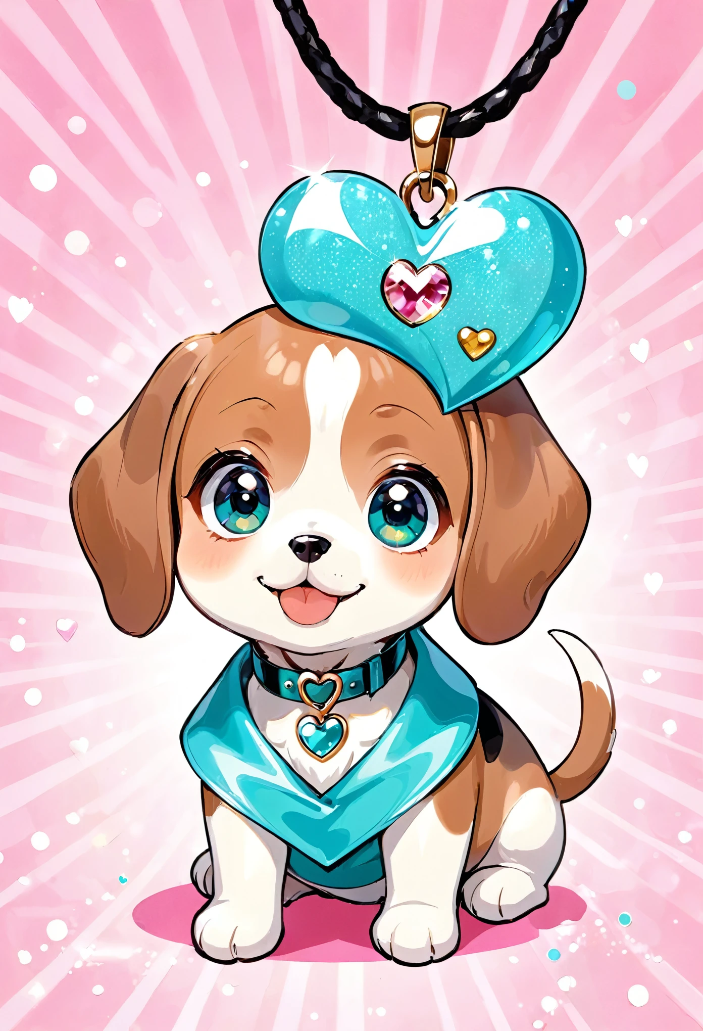 super deformed, best quality, super fine, 16k, cute beagle dog, sitting pose, Tiffany blue heart pendant on collar, sparkling big eyes, cute smile, background pastel colored dots, pop art