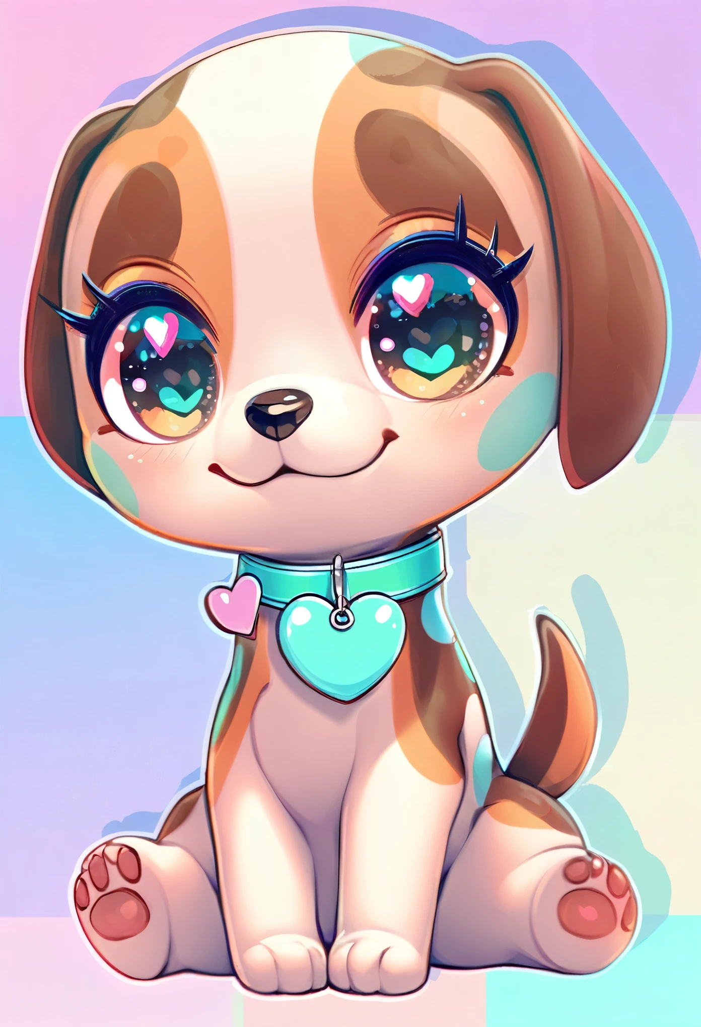 super deformed, best quality, super fine, 16k, cute beagle dog, sitting pose, Tiffany blue heart pendant on collar, sparkling big eyes, cute smile, background pastel colored dots, pop art