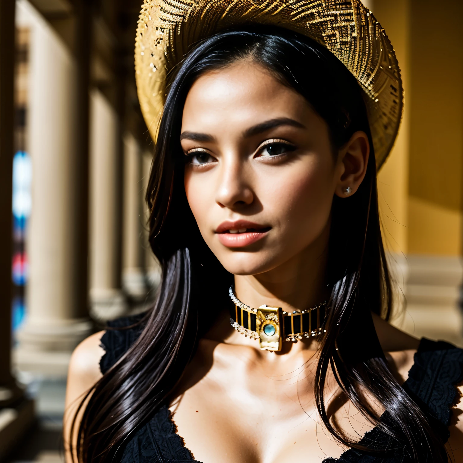 Queens of Ancient Egypt、Cleopatra、A beautiful woman、Beautifully detailed eyes、Beautifully detailed lips、Long eyelashes、Gorgeous Woman、(Cowboy Shot:1.4)、Elegant King's Pose、Sublime Beauty、Golden calf headband、White cylindrical dress、Egyptian Hieroglyphics、Exotic background、Sunset lighting、Mysterious atmosphere、Elaborate Jewelry、(Complex eye makeup:1.5)、Gorgeous golden throne、Elaborate head dress、ancient egyptian symbols、Desert Background、(Sphinx、pyramid:1.5)、Dramatic Shadows、Detailed facial features、Bright colors彩、Luxurious fabrics、Historical accuracy、Clever Construction、Majestic Aura、Mysterious charm、Shining Beauty、Excellent craftsmanship、Rich texture、Decorative accessories、Exquisite environment、Royal Confidence、Theatrical presence、Captivating Gaze、Seductive attitude、Captivating Charm、Delicate hand gestures、A noble crown、Luxurious ornamentythological references、Symbolic Representations、Dignified elegance。 (highest quality、4K、High resolution、masterpiece:1.2)、Super detailed、(Real、Photorealistic、Photorealistic:1.37)、Bright colors、Professional Lighting、Sharp focus、Crisp details