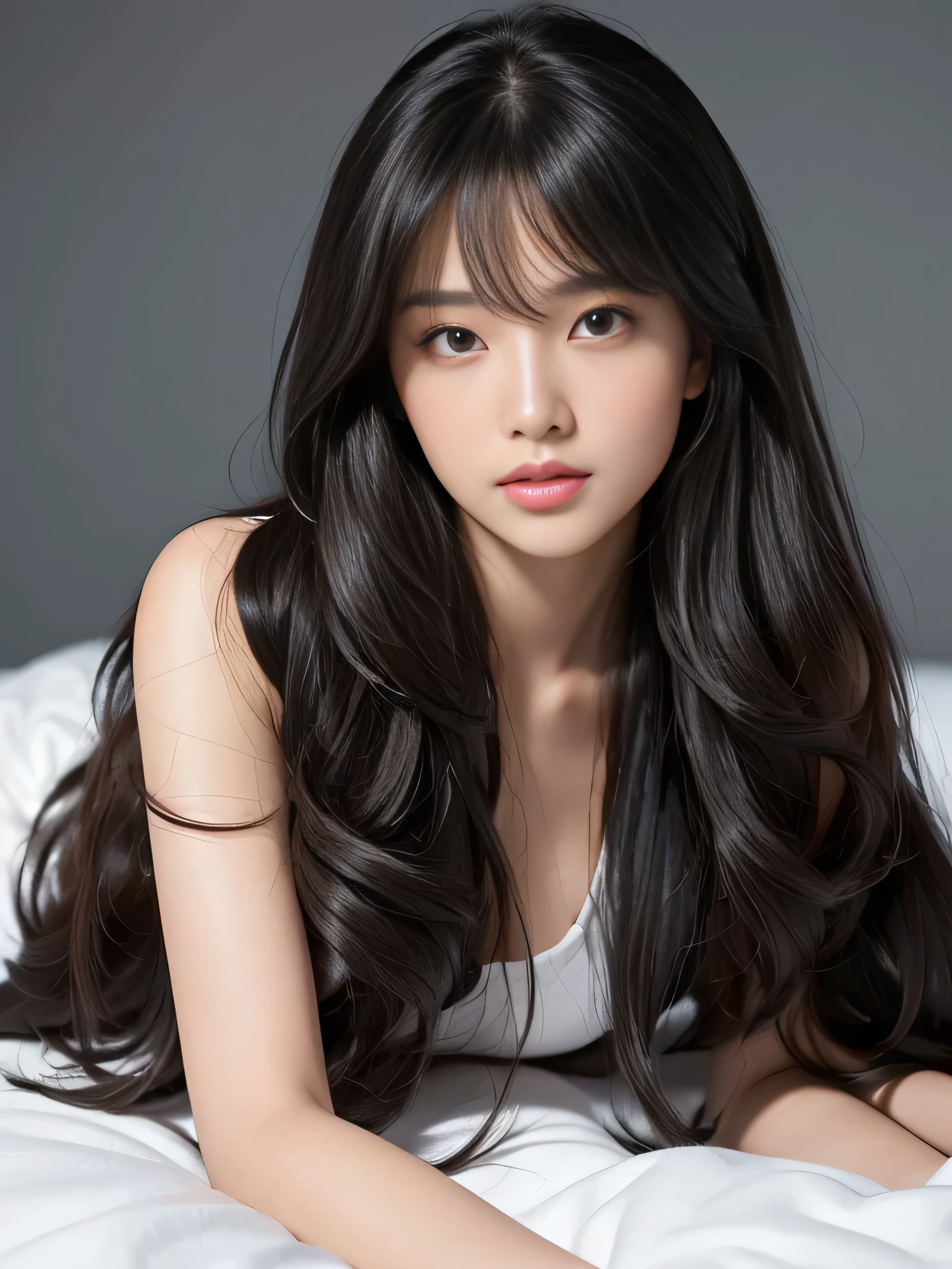 (She is lying flat on her back on the white bed.、She was photographed from the ceiling as she slept with her hair spread out and facing the ceiling.:1.2)　((highest quality)), ((masterpiece)), (Familiar), (Get used to it)　(Reaches up to the kneeVery long hair　highest quality　Highest detail　Reaches up to the knee、Very long hair that lasts forever:1.3　Flowing Hair　私ncredibly straight hair　Very shiny and thick hair　Abnormally long hair that lasts forever　Flowing Hair on both ends　long hair up to the knees:1.2　long hair up to the knees:1.2　Thick and shiny hair　Very free hair　Abnormally long hair!!!!!　Beautiful silky hair　　Beautiful and shiny hair　Beautiful and shiny hair　Beautiful silky hair　Hair that grows to the knees　Very very, Very long hair!!!!!　Very very, Very long hair!!!!!)　(highest quality　The best ultra-fine　Reaches up to the knee、Very long hair that lasts forever　Flowing Hair　Her hair is gently permed　Very shiny and thick hair　Abnormally long hair that lasts forever　Flowing Hair on both ends　long hair up to the knees:1.2　long hair up to the knees:1.2　Thick and shiny hair　Very free hair　Abnormally long hair!!!!!　Beautiful silky hair　Super long hair down to the knees　Beautiful and shiny hair　Beautiful and shiny hair　Beautiful silky hair　Hair that grows to the knees　Very very, Very long hair!!!!!　Very very, Very long hair!!!!!)　(Her bangs are neatly trimmed and worn straight down.:1.3)　(She is the most beautiful 18-year-old hair model in Japan.....)　Perfect Woman&#39;face　(She has a typical Japanese build and skin color..., Her skin is very high quality and ultra high definition.、very beautiful and glowing skin)　(Large Breasts)　(Her face is dignified and sexy)（She achieved her sexy look with the help of a professional makeup artist.。...　Lipstick is natural red　The eyeliner is a beautiful black)　(her hair is black, light brown, blonde, Red-brown, Dark Green, or dark blue..)　(Surreal photos by professional photographers :1.2)　(She is wearing a beautiful blue silk camisole dress. :1.2)　((Her bangs are completely cut off.))　(She has a typical Japanese build and skin color　Her skin is very delicate and sensitive..、and、Such beautiful and radiant skin)　(Her face is long, Small eyes and nose.、Narrow-mouthed　and the most beautiful)　(Japanese Solo Photos&#39;The most beautiful 28 year old women)　　((Rich 1.4))　(Extremely detailed 8K)　(Ultra-fine skin texture 1.4)　(Actual, Vibrant:1.4), 　Sharp focus:1.2、Beautiful woman:1.4　Dynamic Lighting　(Genuine RAW photos taken by professional photographers)　very beautiful and glowing skin)　(Excessive breasts)　(Her face is long, Eyes and nose)　Lipstick is natural red　The eyeliner is a beautiful black)　(her hair is deep black) 　(Surreal photos by professional photographers :1.2)　