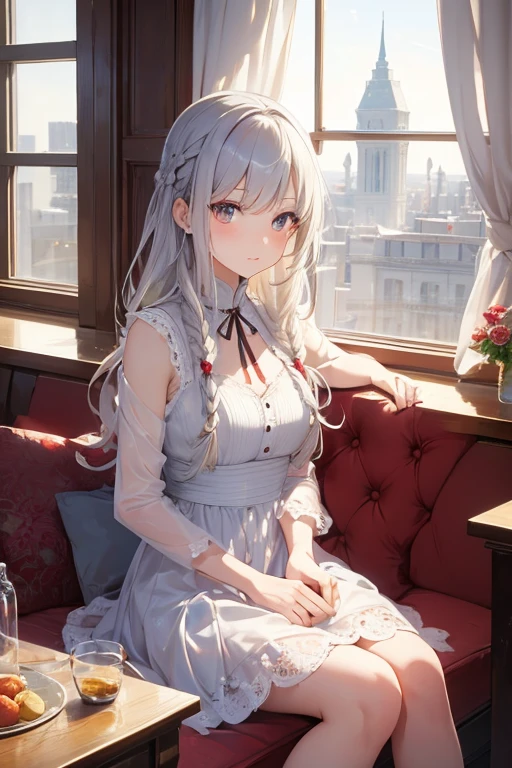 masterpiece, highest quality, High resolution, ****************、Golden Eyes、
Silver Hair,  Braiding、Crimson Dress, Western-style building、Sit by the window